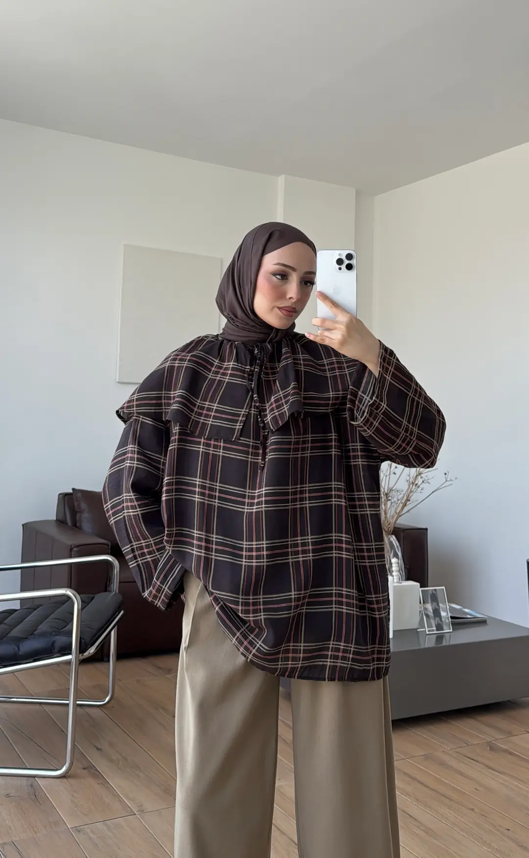 Pelerinli BağcıklI Bluz Kahve Ekose