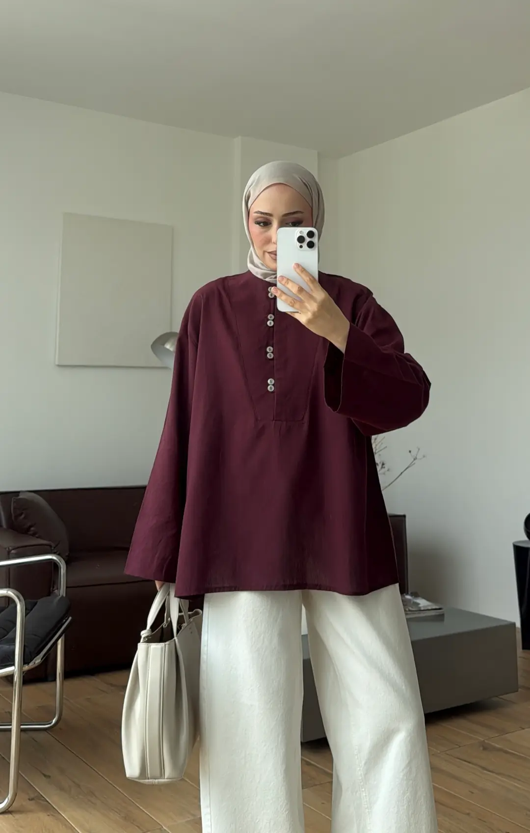 Önden Birit Düğmeli Keten Gömlek Bordo