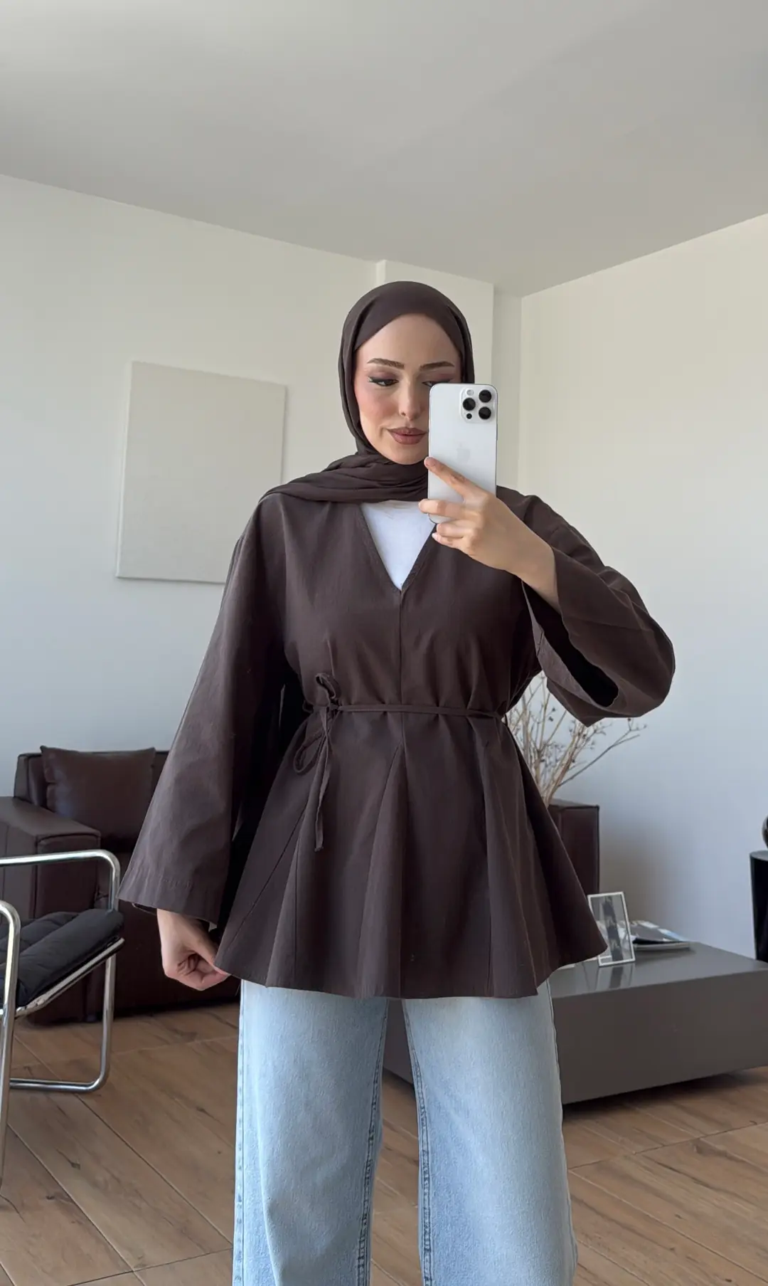 Volanlı Belden İpli Tunik Kahve