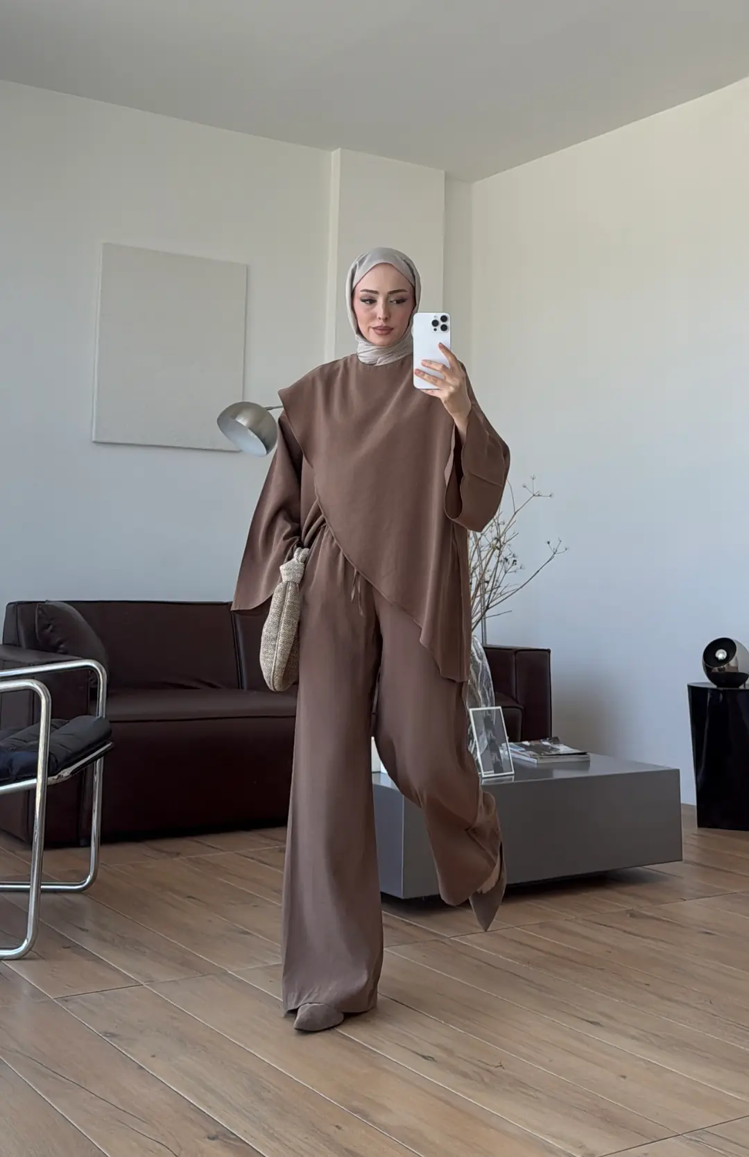 Parçalı Bluzlu Takım Kahve