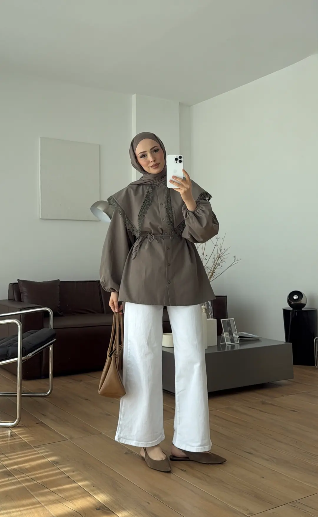 Mendil Yaka Dantel Detaylı Gömlek Haki