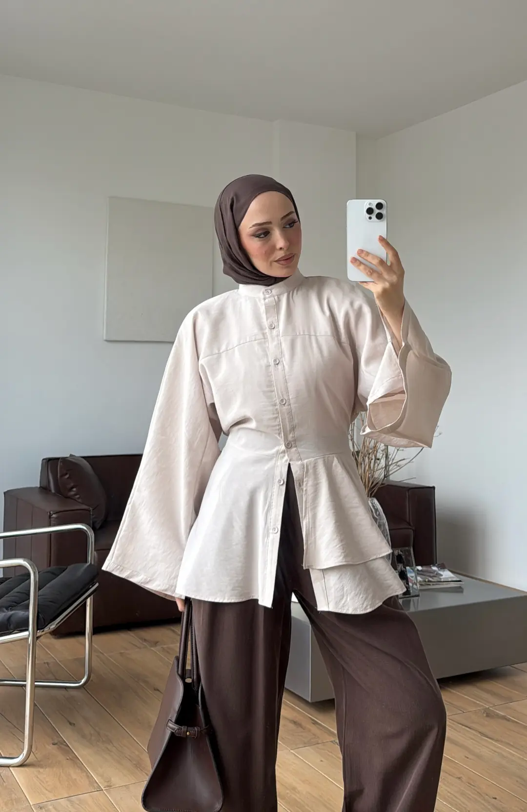Parçalı Geniş Kol Bluz Bej