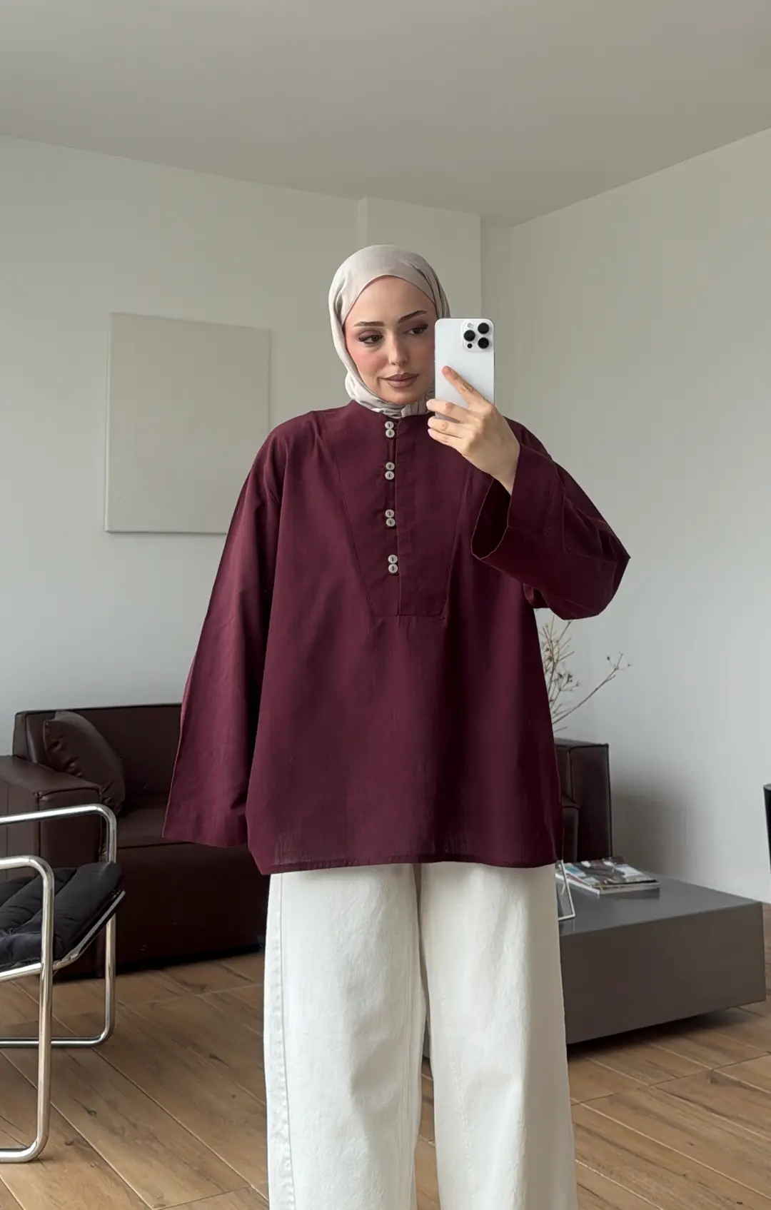 Önden Birit Düğmeli Keten Gömlek Bordo
