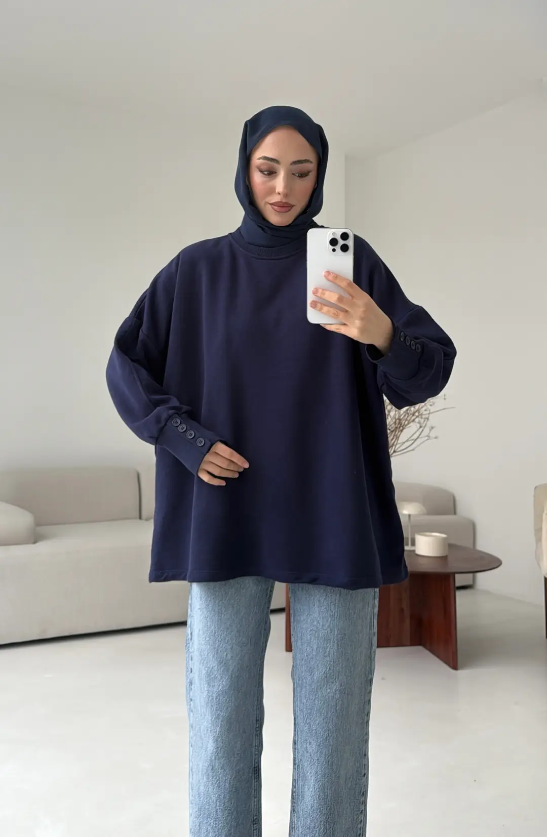 Manşeti Düğme Detay Swearshirt Lacivert