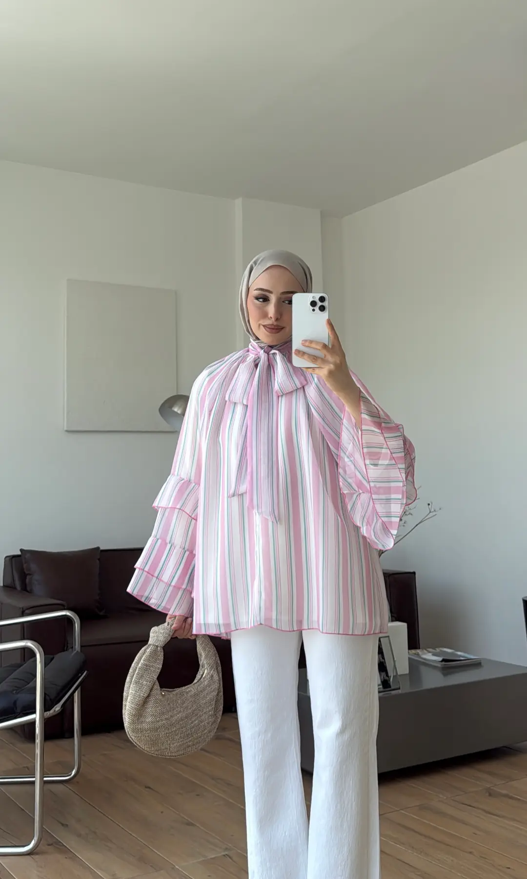 Oryo Çizgili Şifon Bluz Pembe
