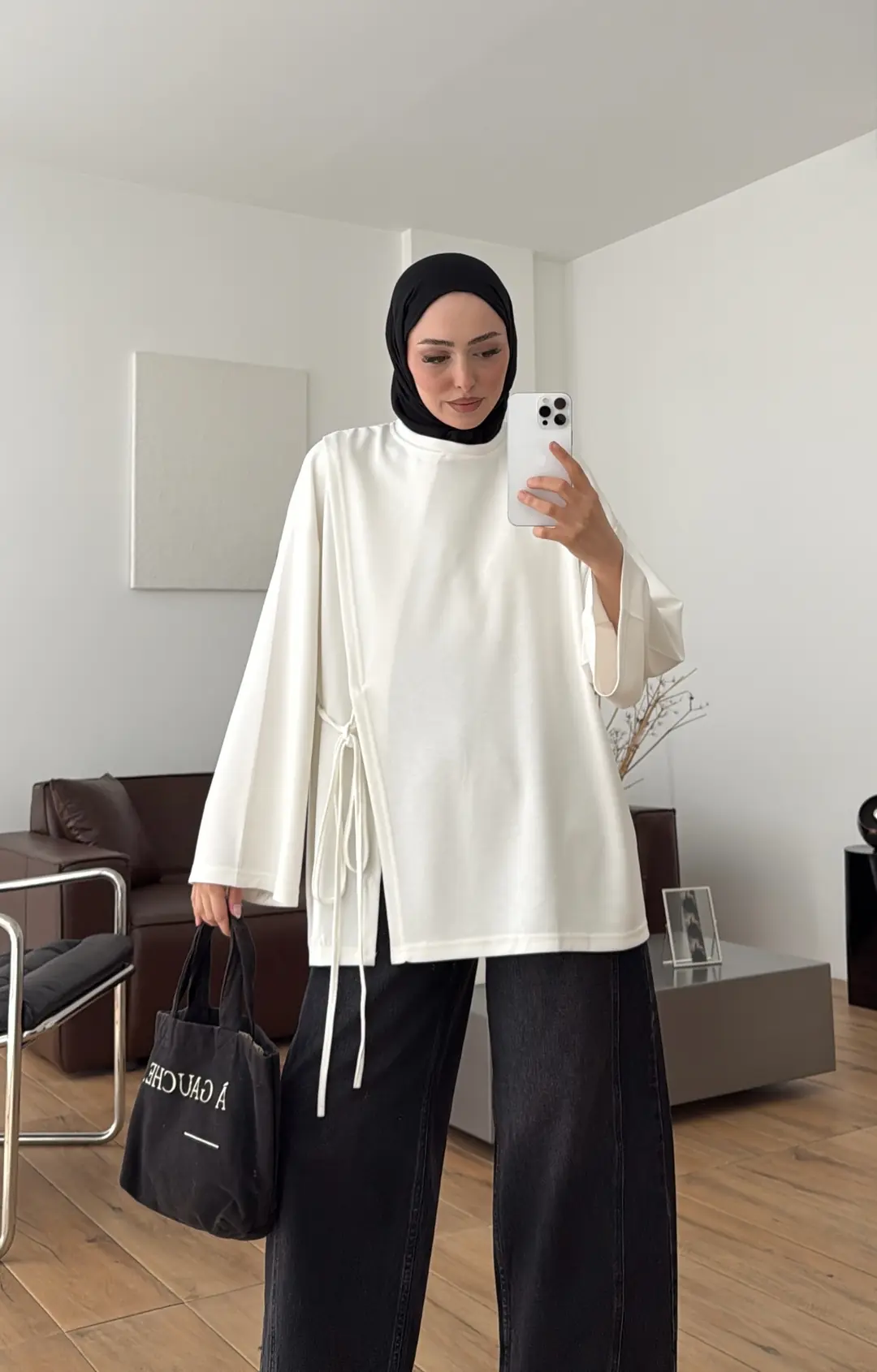 Yan Biye Bağlamalı Tunik Ekru