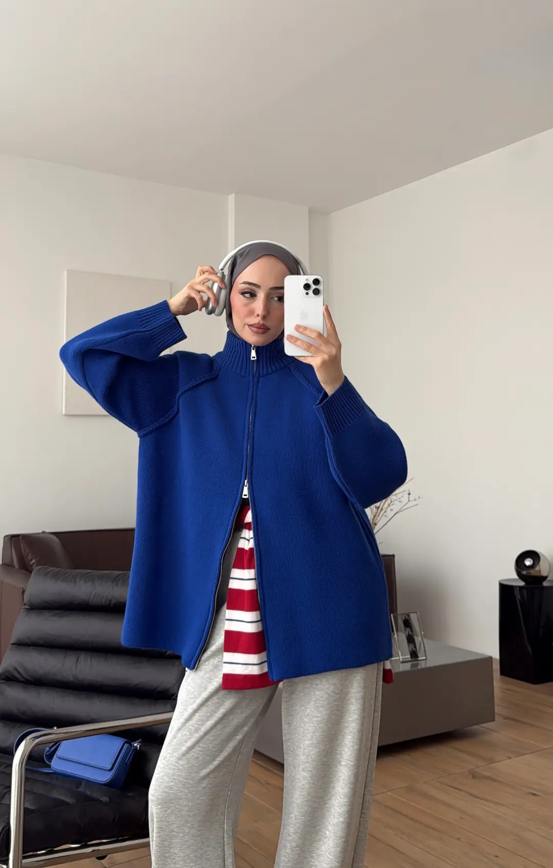 Çift Fermuarlı Triko Hırka Saks