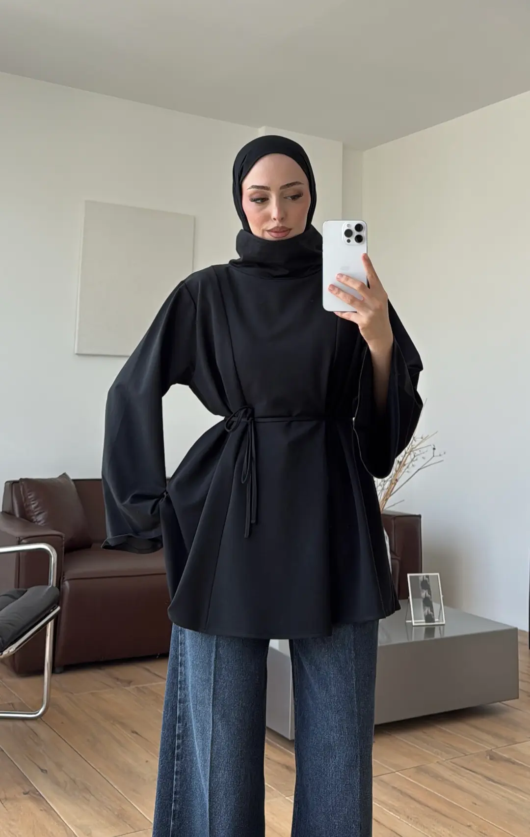 Bel Bağlamalı Dik Yaka Tunik Siyah