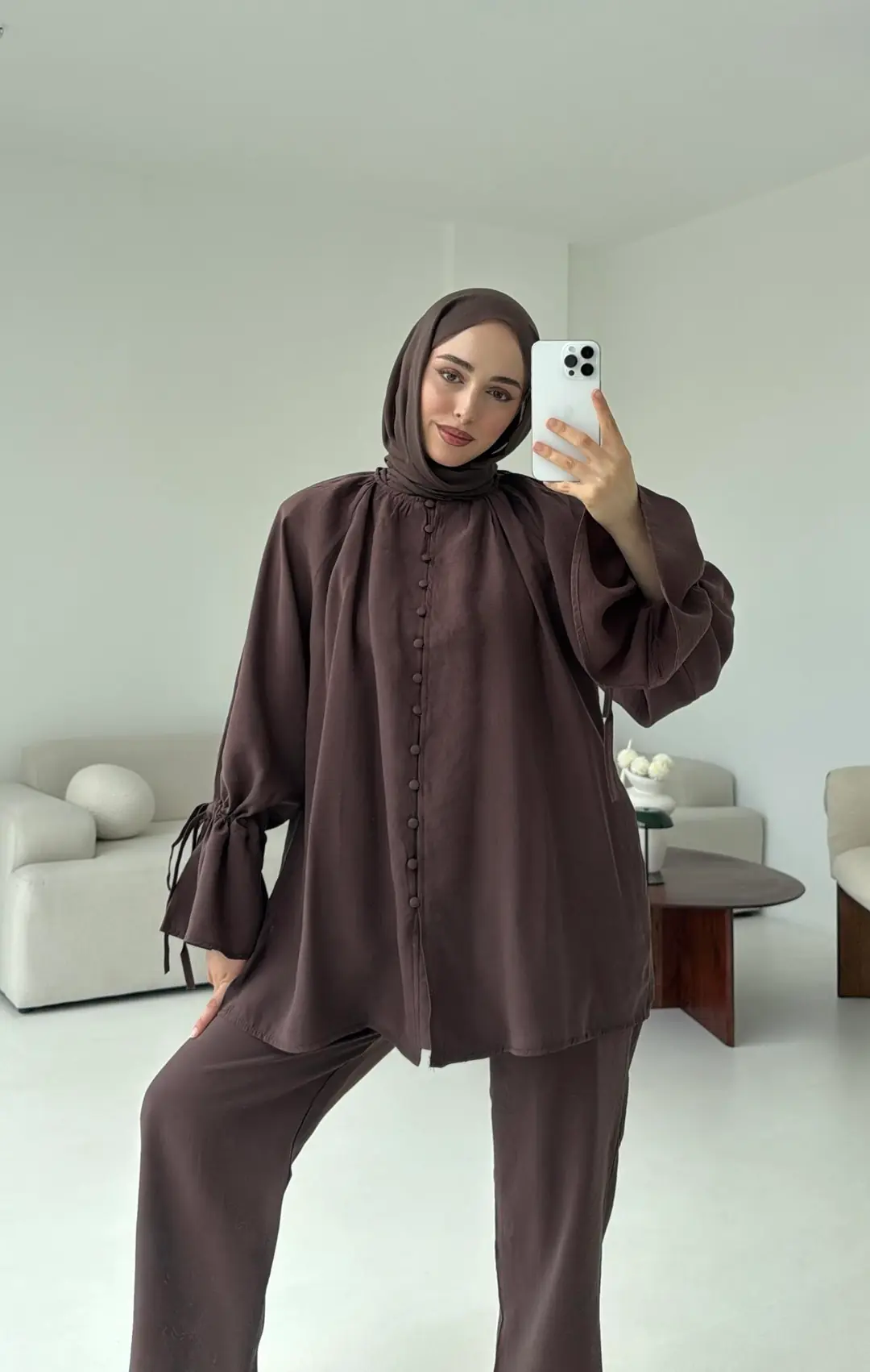 Birit  Düğmeli Tencel Takım Kahve