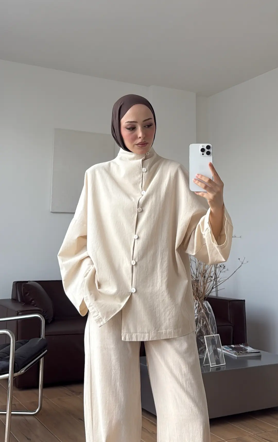 Dik Yaka Keten Takım Natural