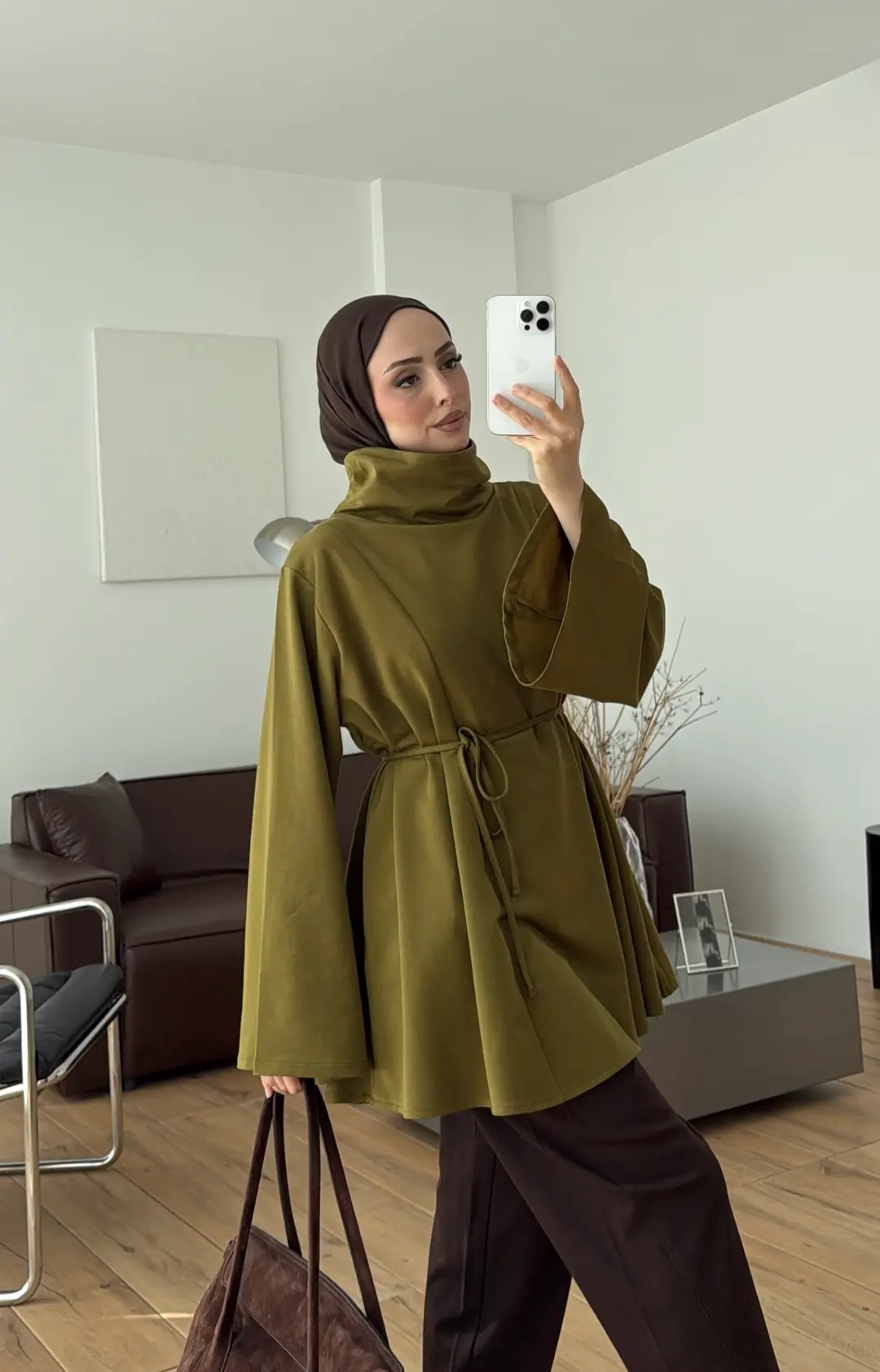 Bel Bağlamalı Dik Yaka Tunik Olive