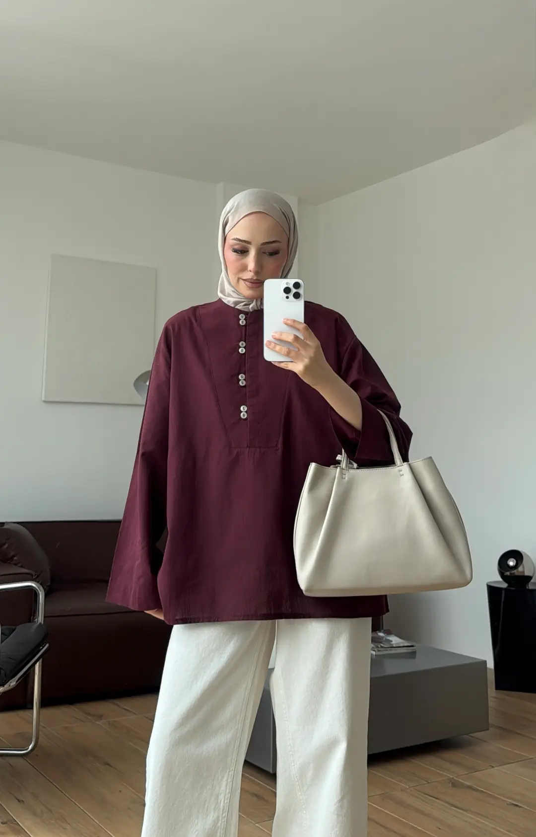 Önden Birit Düğmeli Keten Gömlek Bordo