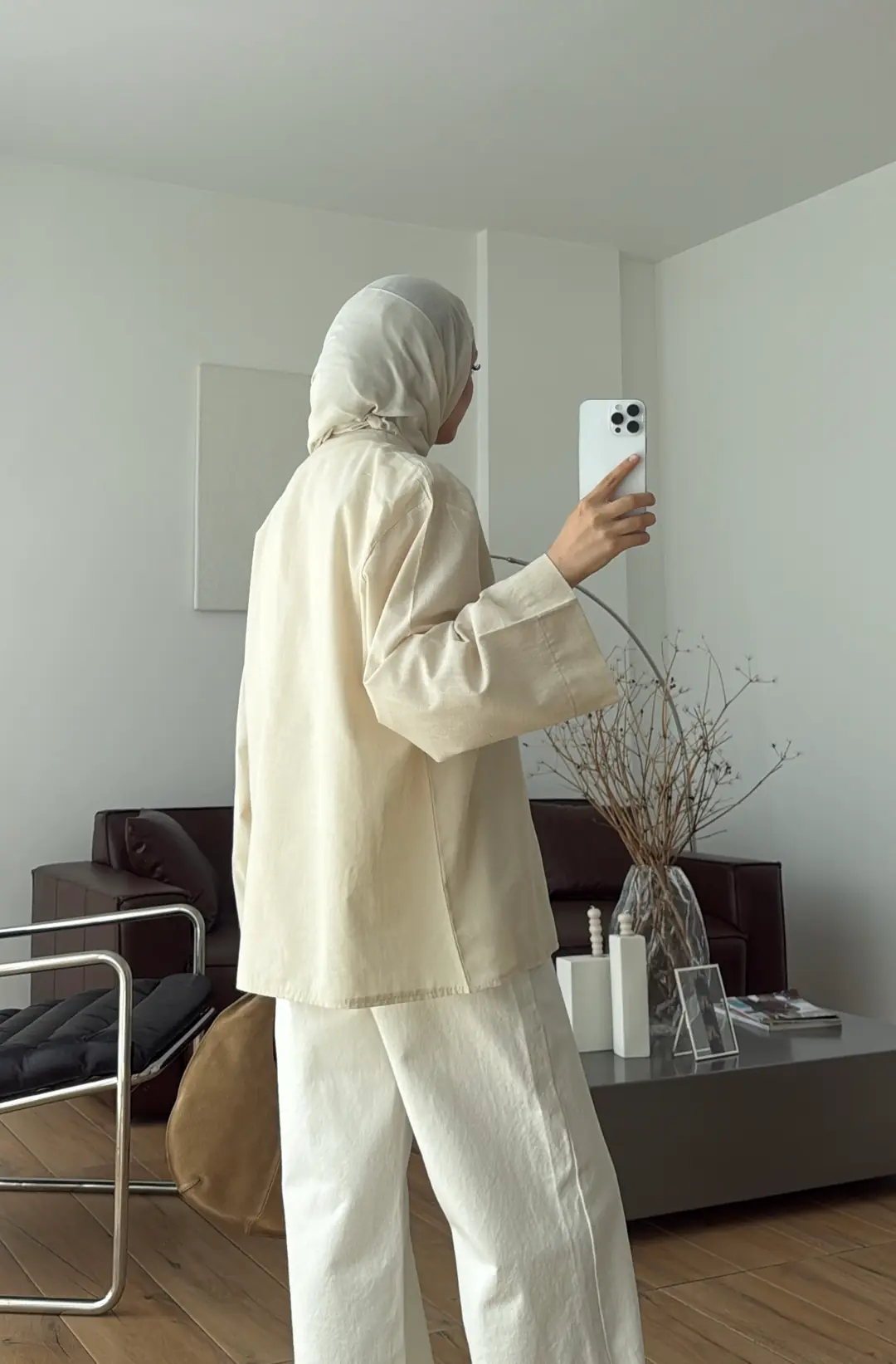 Önden Birit Düğmeli Keten Gömlek Krem