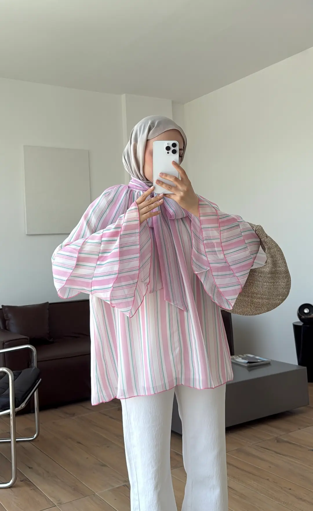 Oryo Çizgili Şifon Bluz Pembe