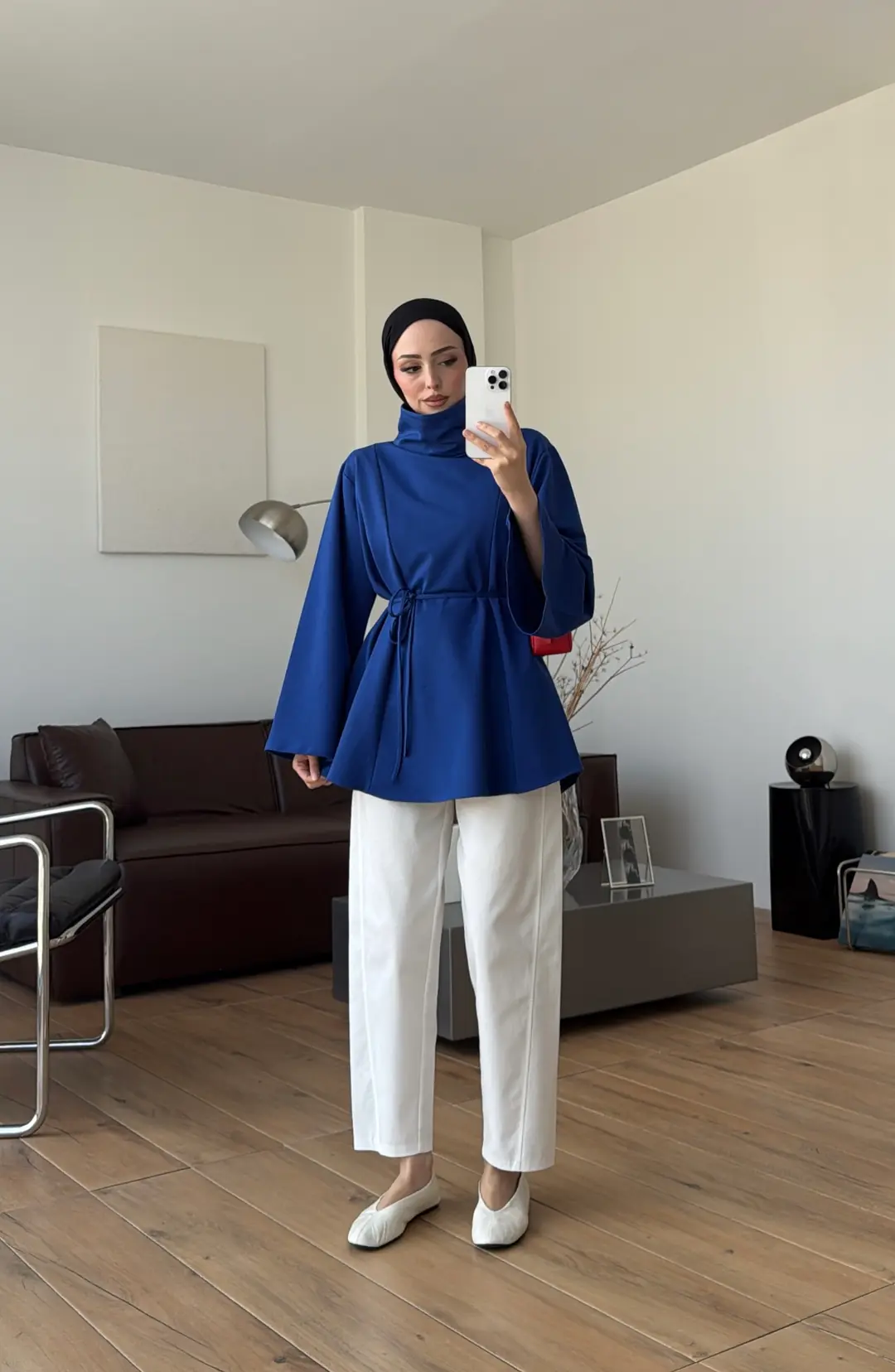 Bel Bağlamalı Dik Yaka Tunik Saks