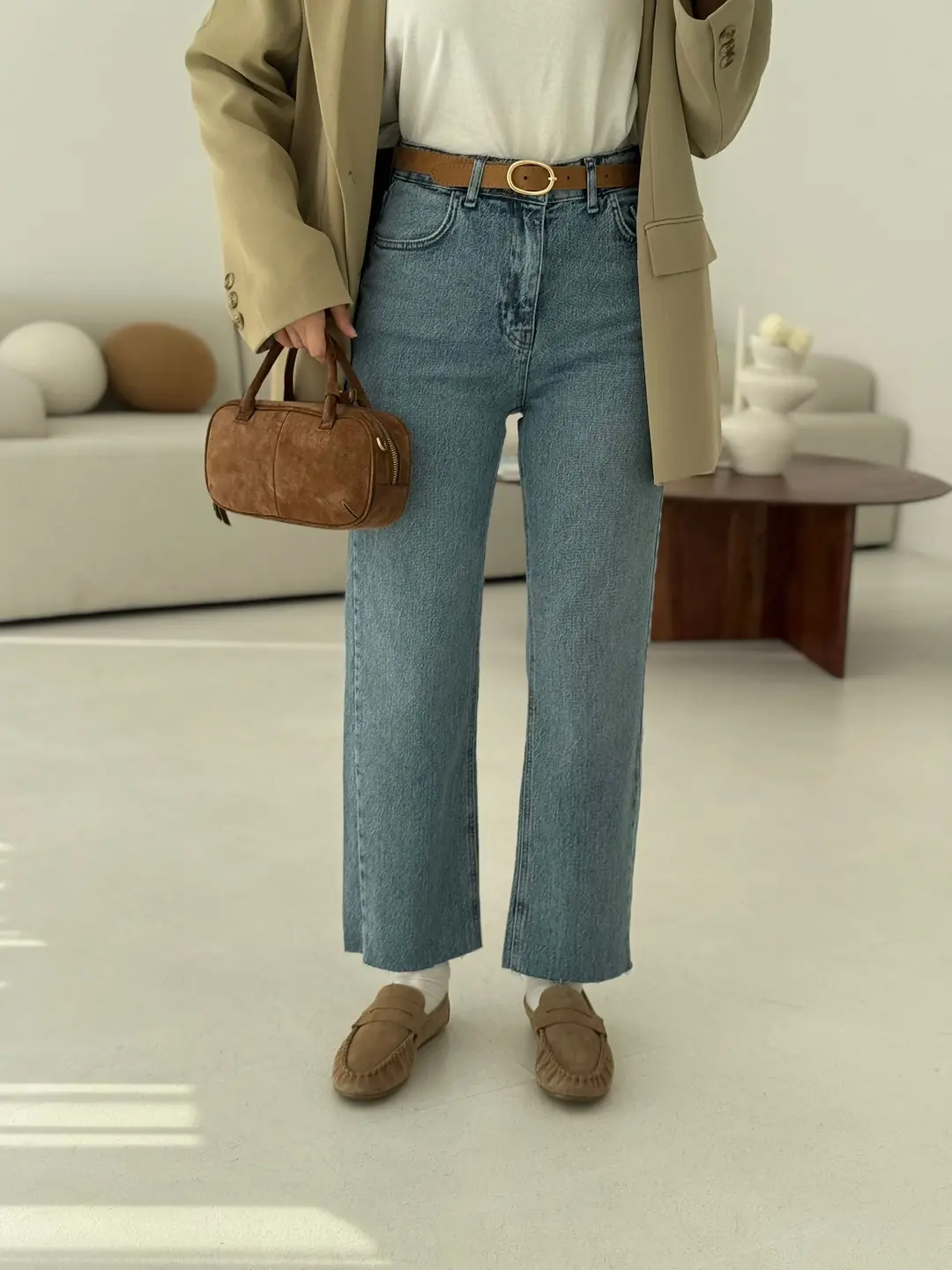 Premium Paçası Kesik Jean Taba Kemerli