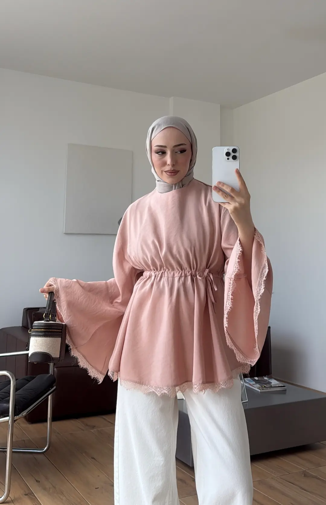 Lace Bel Detay Tunik Pudra