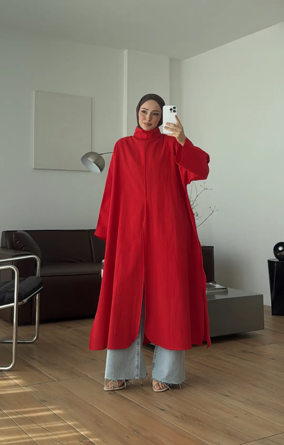 Sofia Yırtmaçlı Keten Tunik Kırmızı
