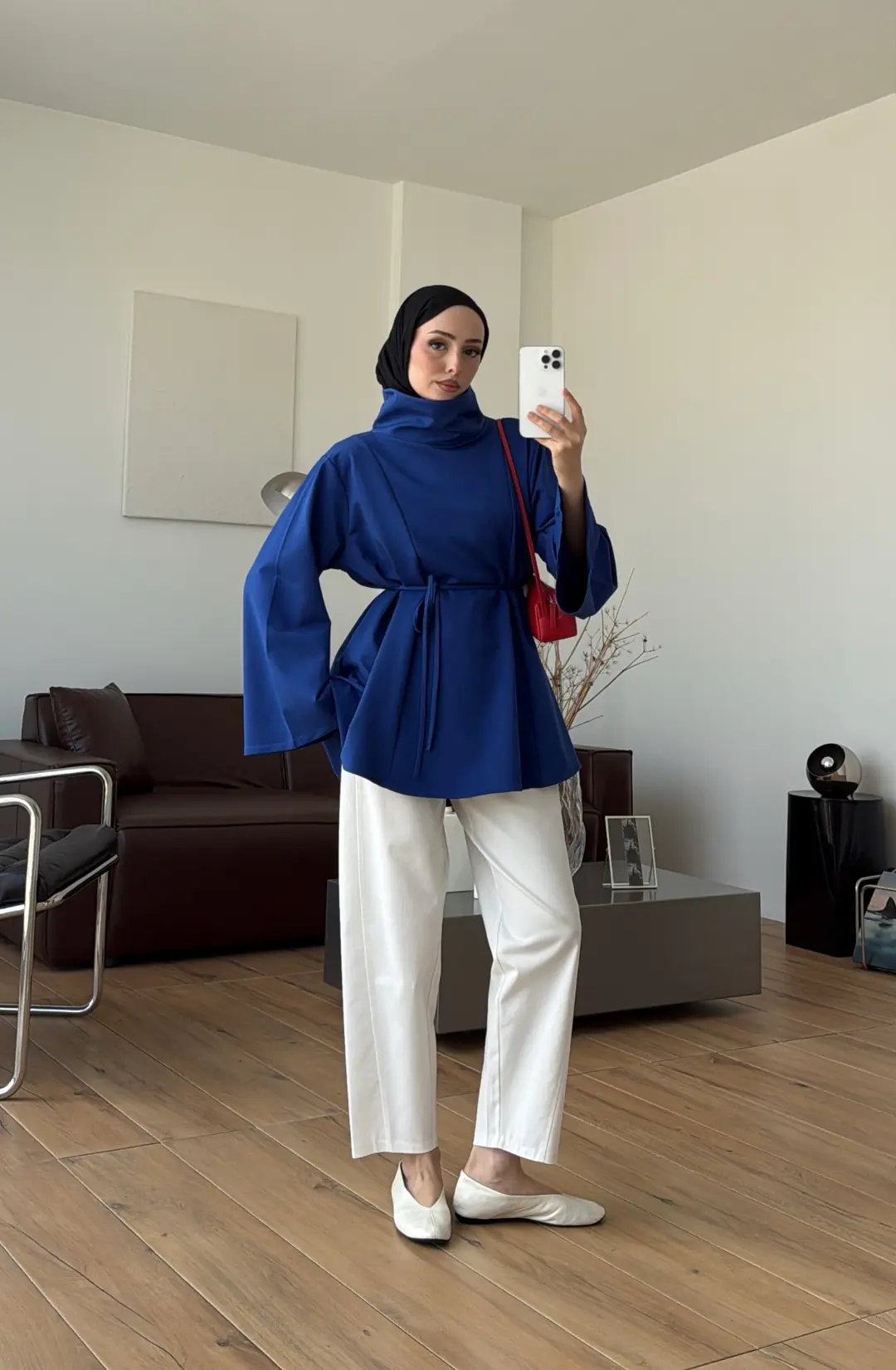 Bel Bağlamalı Dik Yaka Tunik Saks
