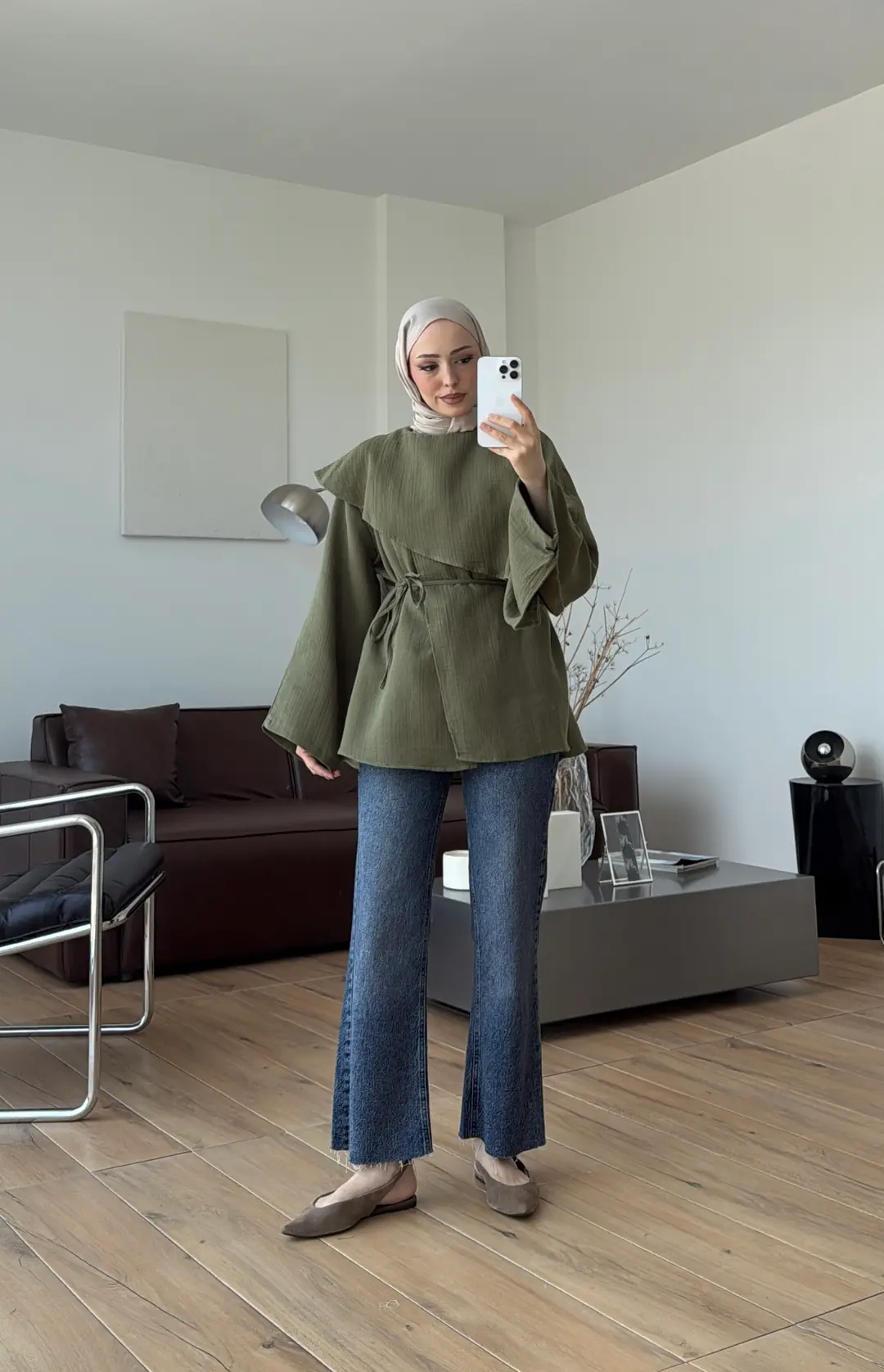 Şal Detaylı Müslin Bluz Haki