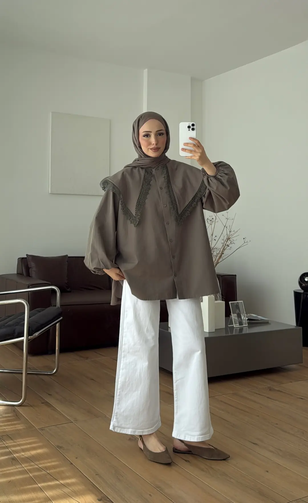 Mendil Yaka Dantel Detaylı Gömlek Haki