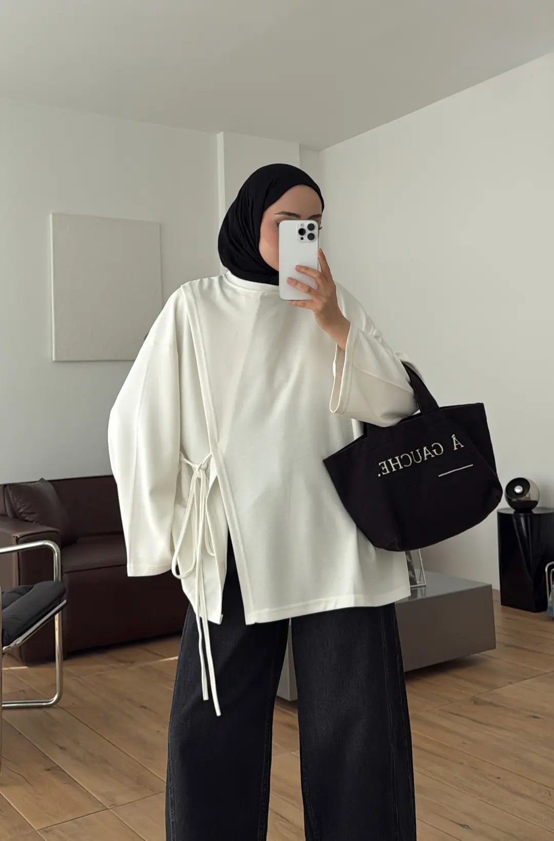 Yan Biye Bağlamalı Tunik Ekru