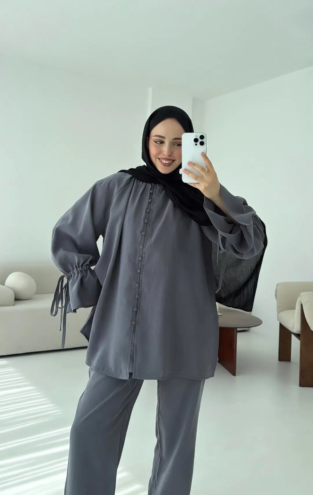 Birit  Düğmeli Tencel Takım Antrasit