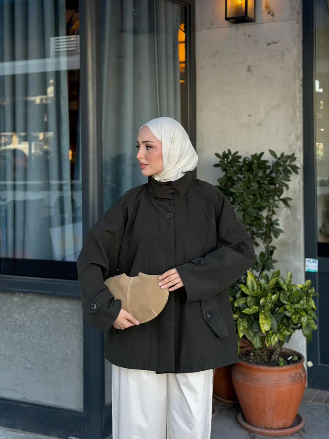 Minimal Yakalı Trençkot Zümrüt