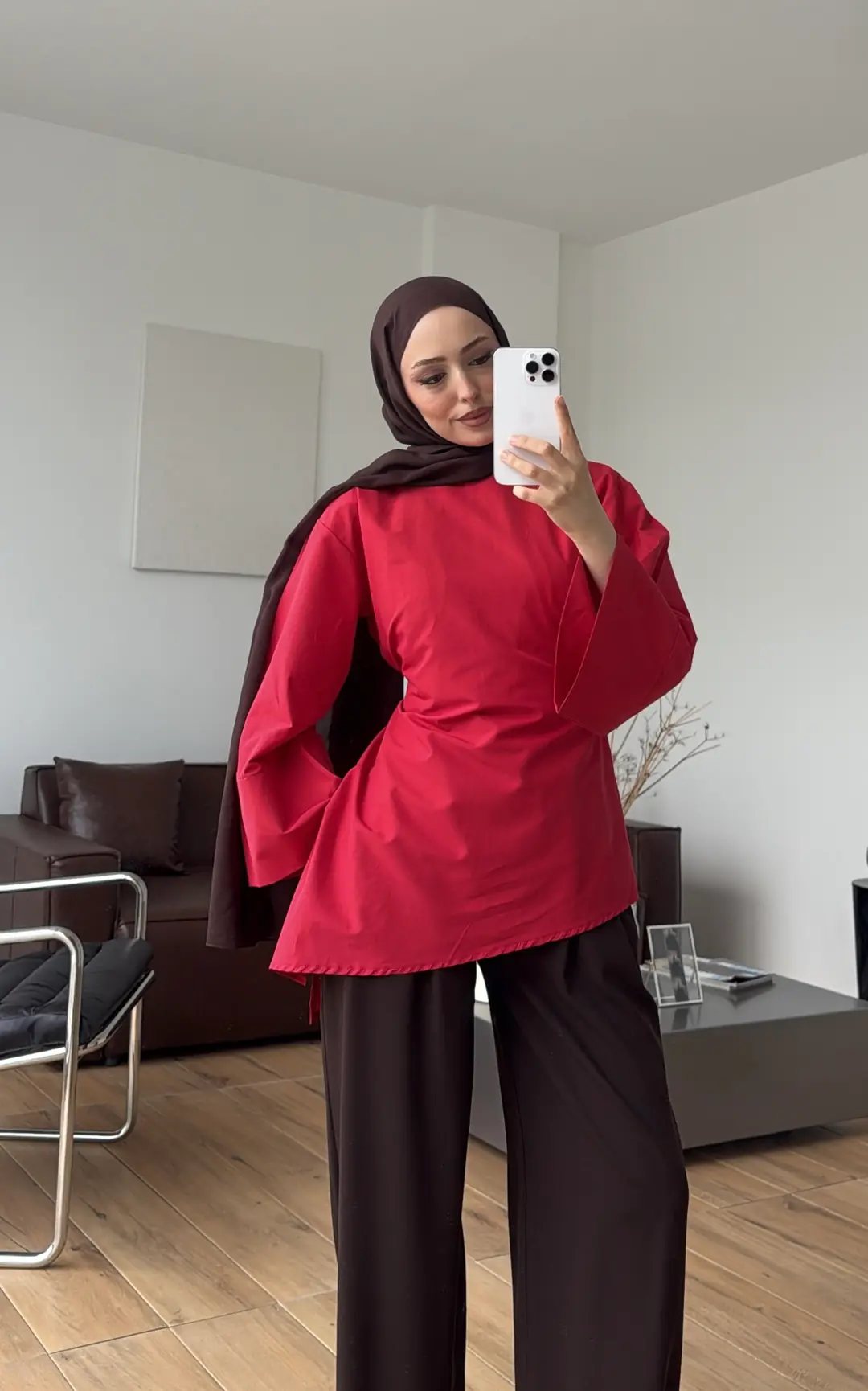 Ela Poplin Kalın Manşetli Bluz Kırmızı