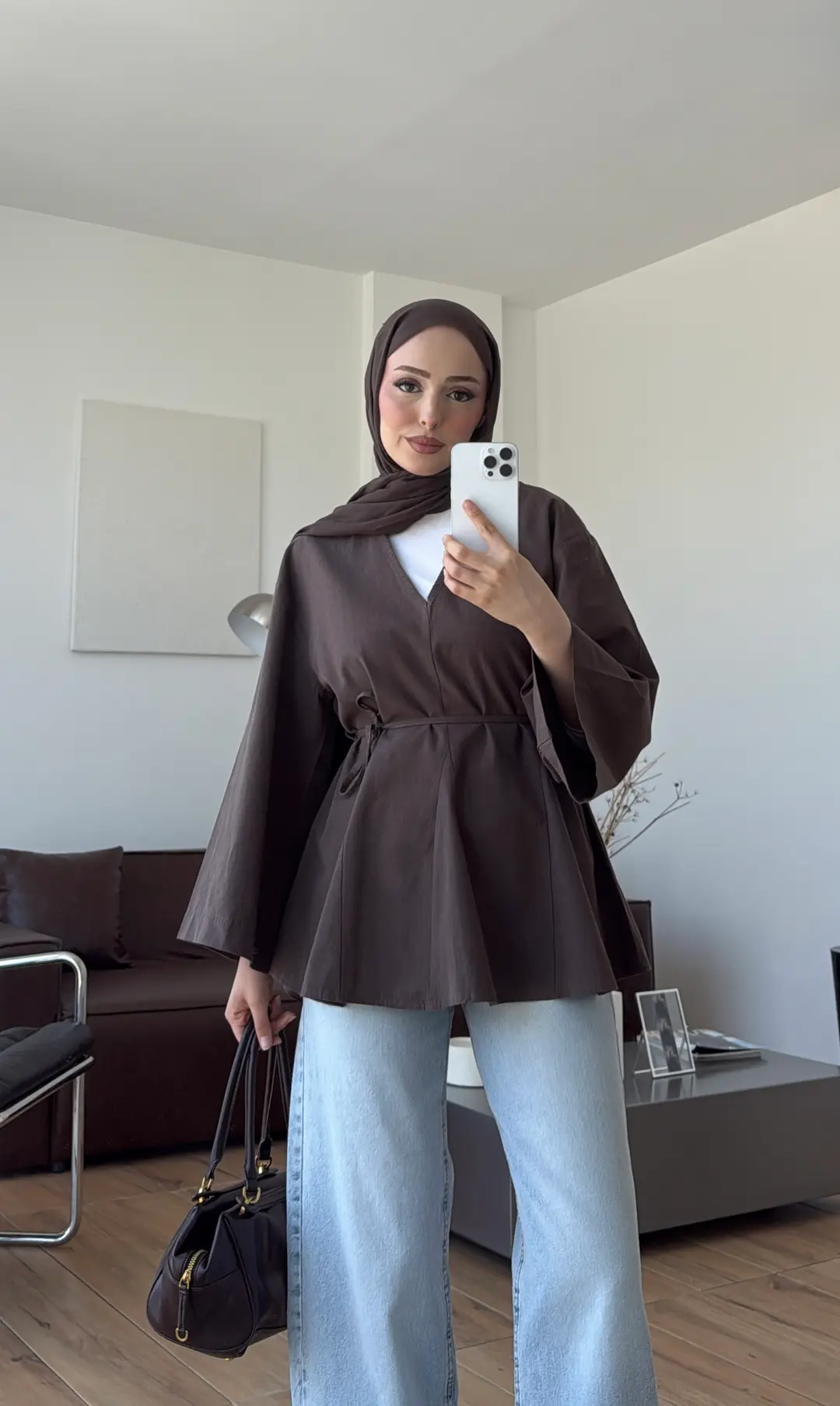 Volanlı Belden İpli Tunik Kahve