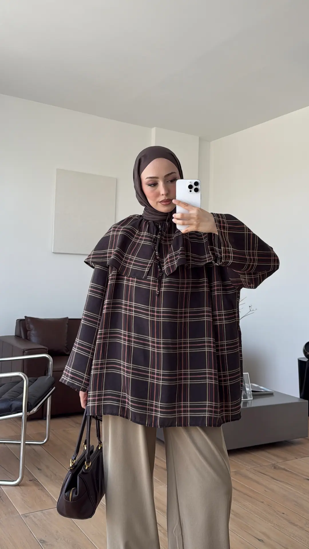 Pelerinli BağcıklI Bluz Kahve Ekose