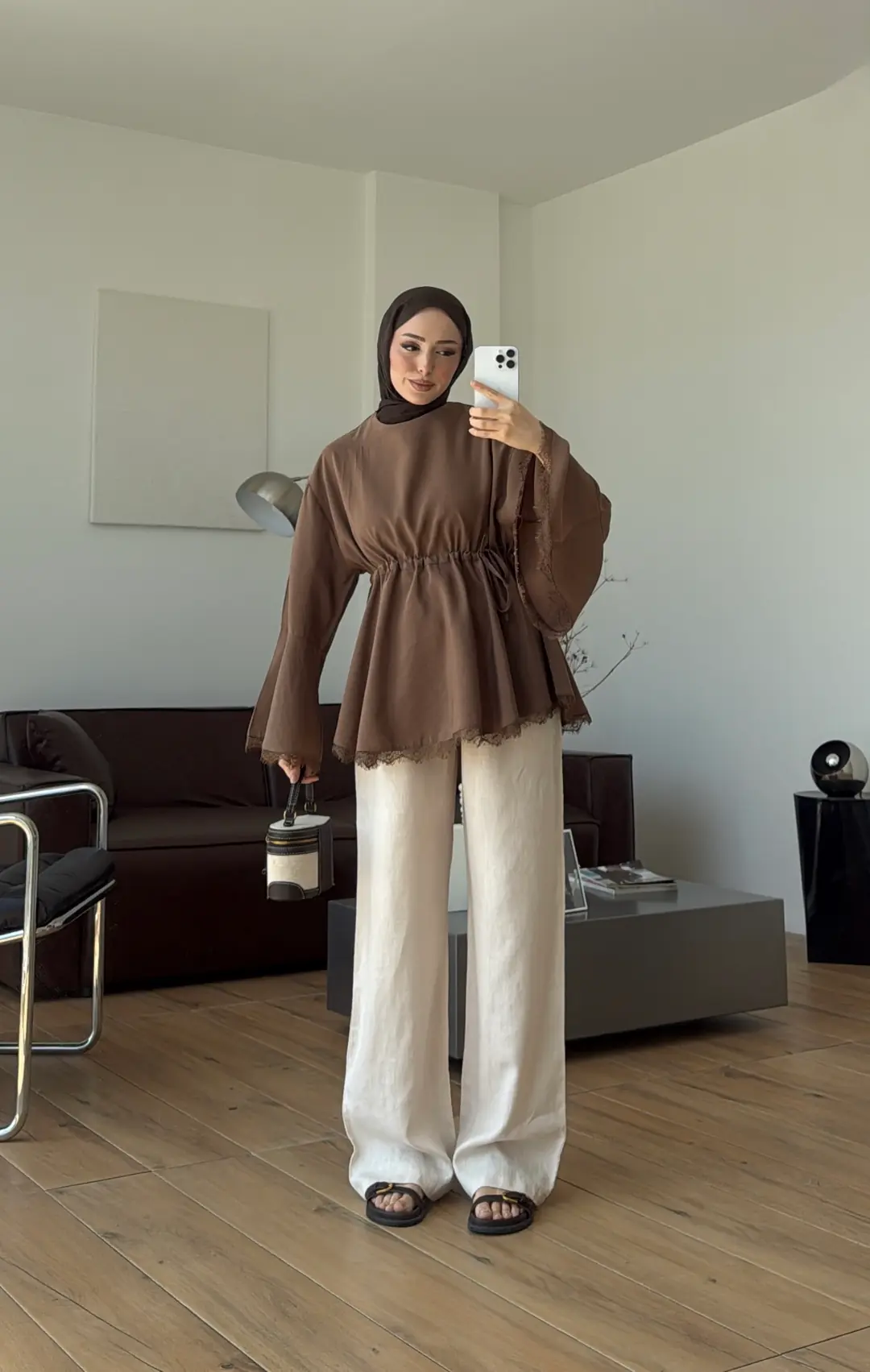 Lace Bel Detay Tunik Açık Kahve