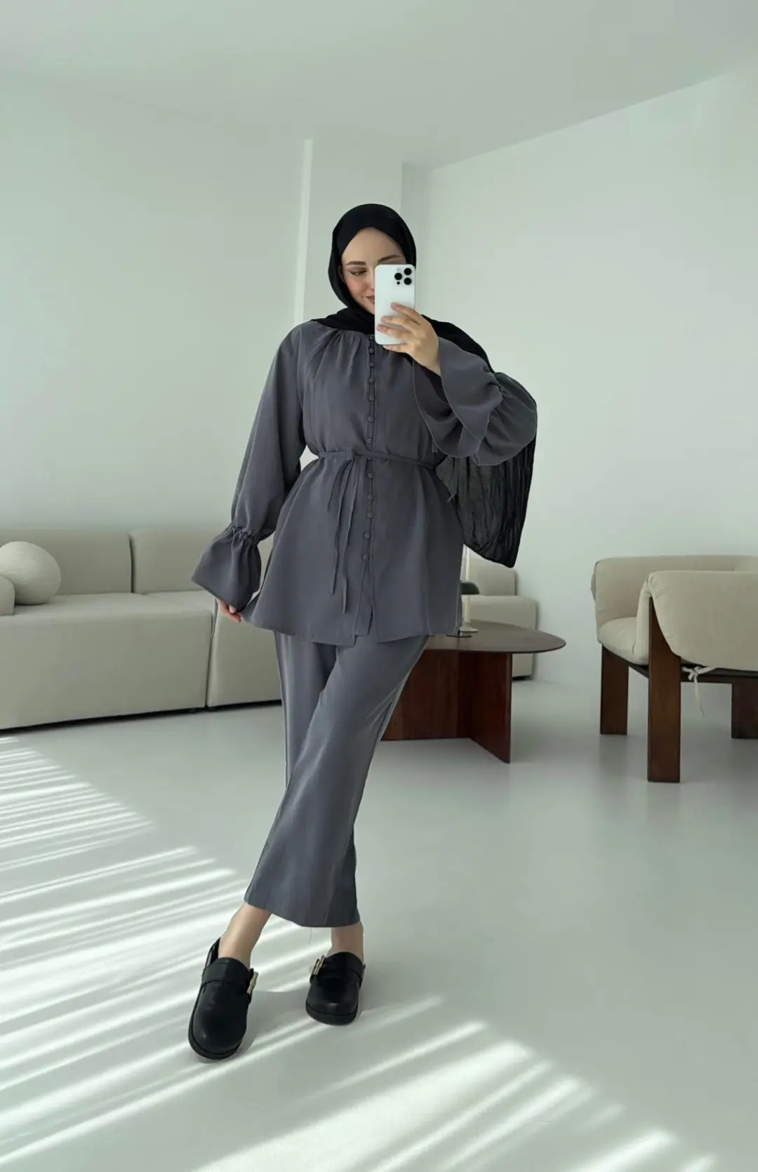 Birit  Düğmeli Tencel Takım Antrasit