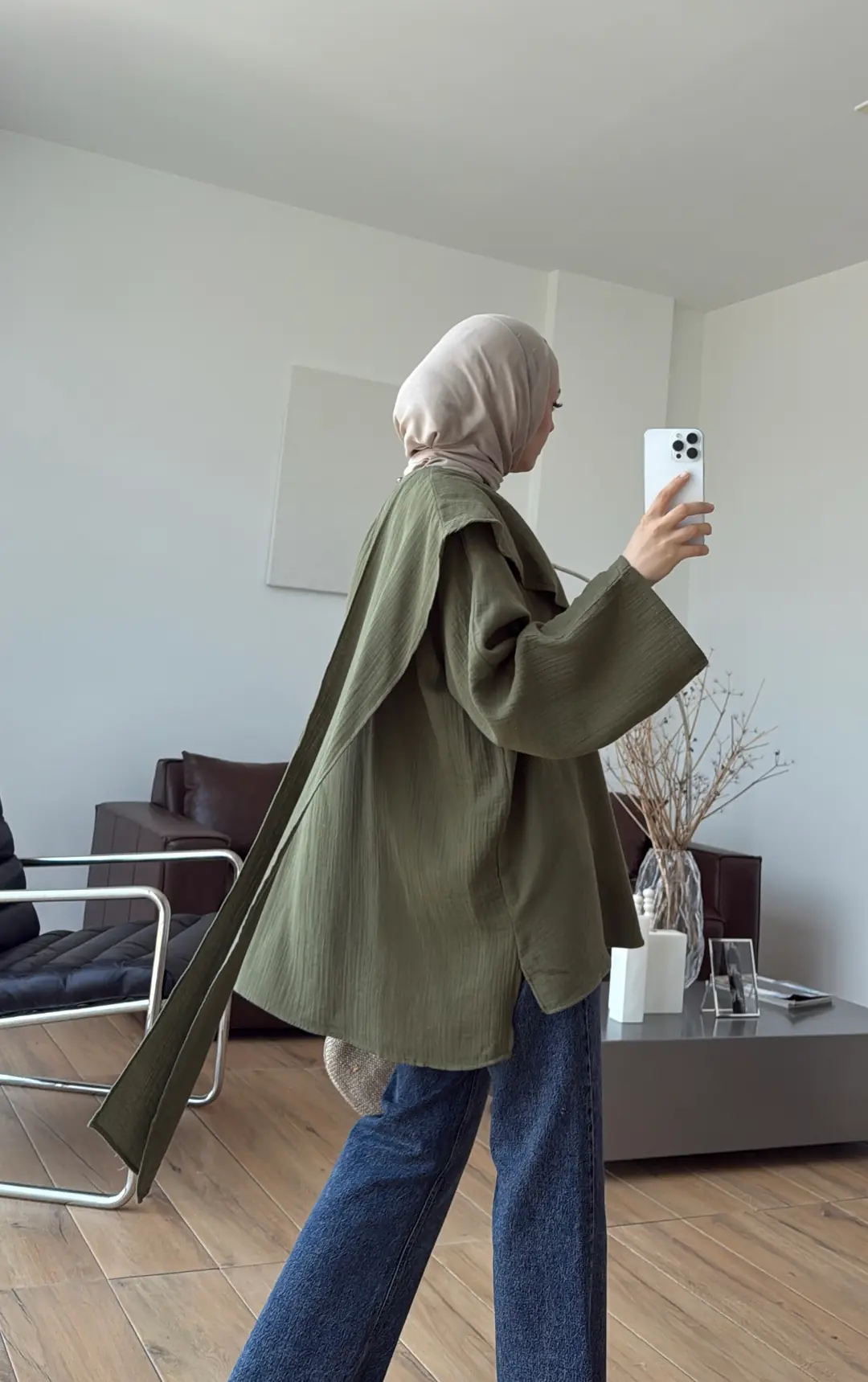 Şal Detaylı Müslin Bluz Haki