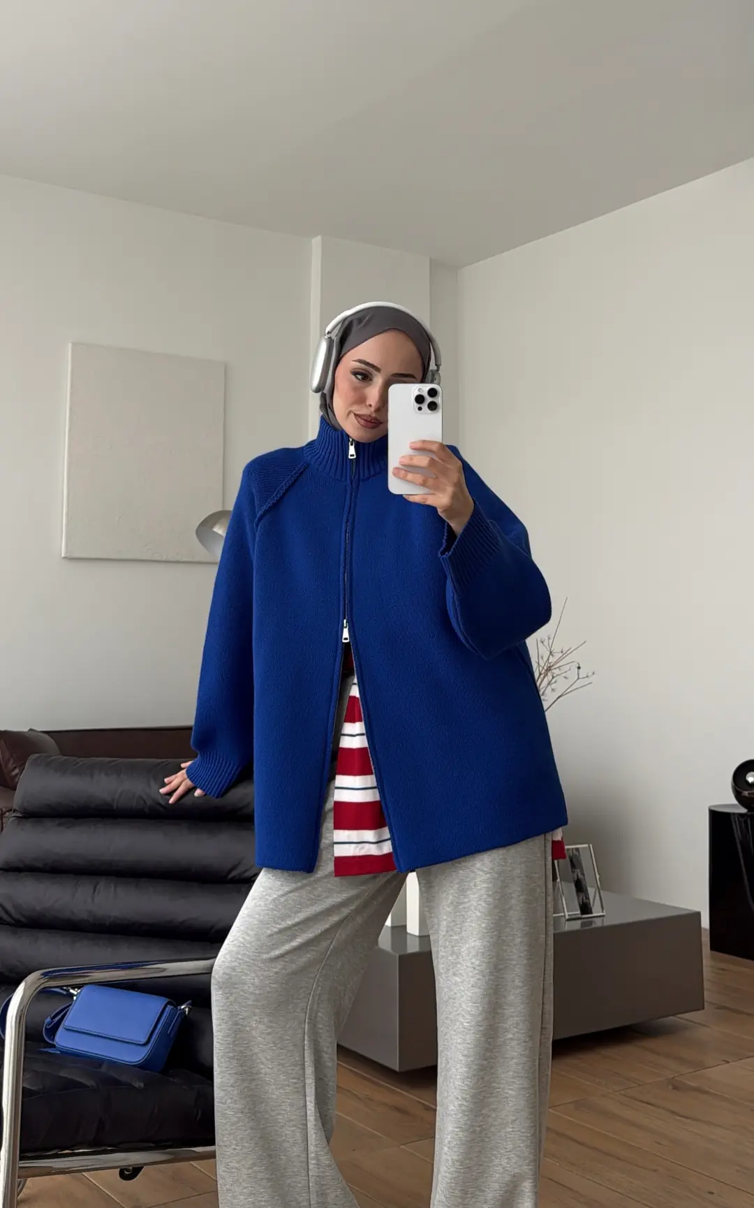 Çift Fermuarlı Triko Hırka Saks