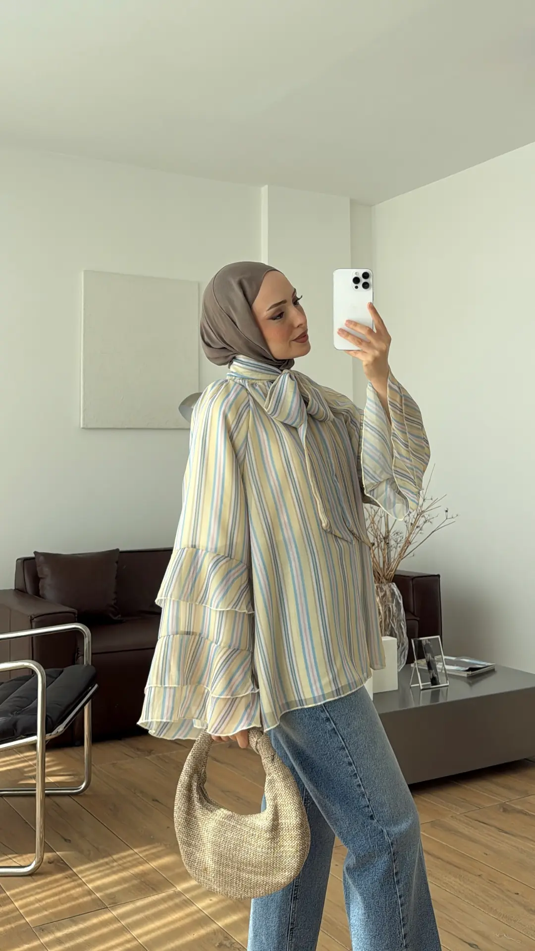 Oryo Çizgili Şifon Bluz Sarı