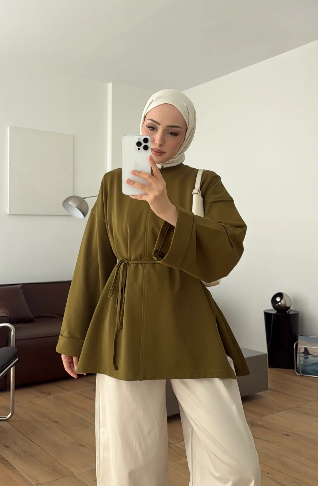 Bağlamalı Yanı Yırtmaç Detay Sweatshırt Olive