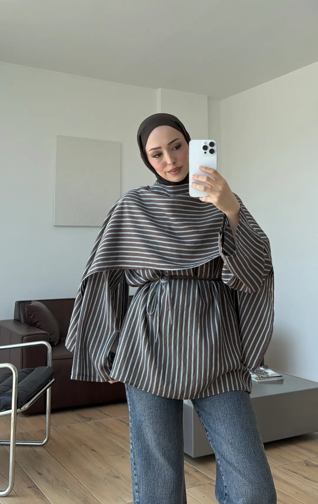 Şallı Çizgili Bluz Kahve