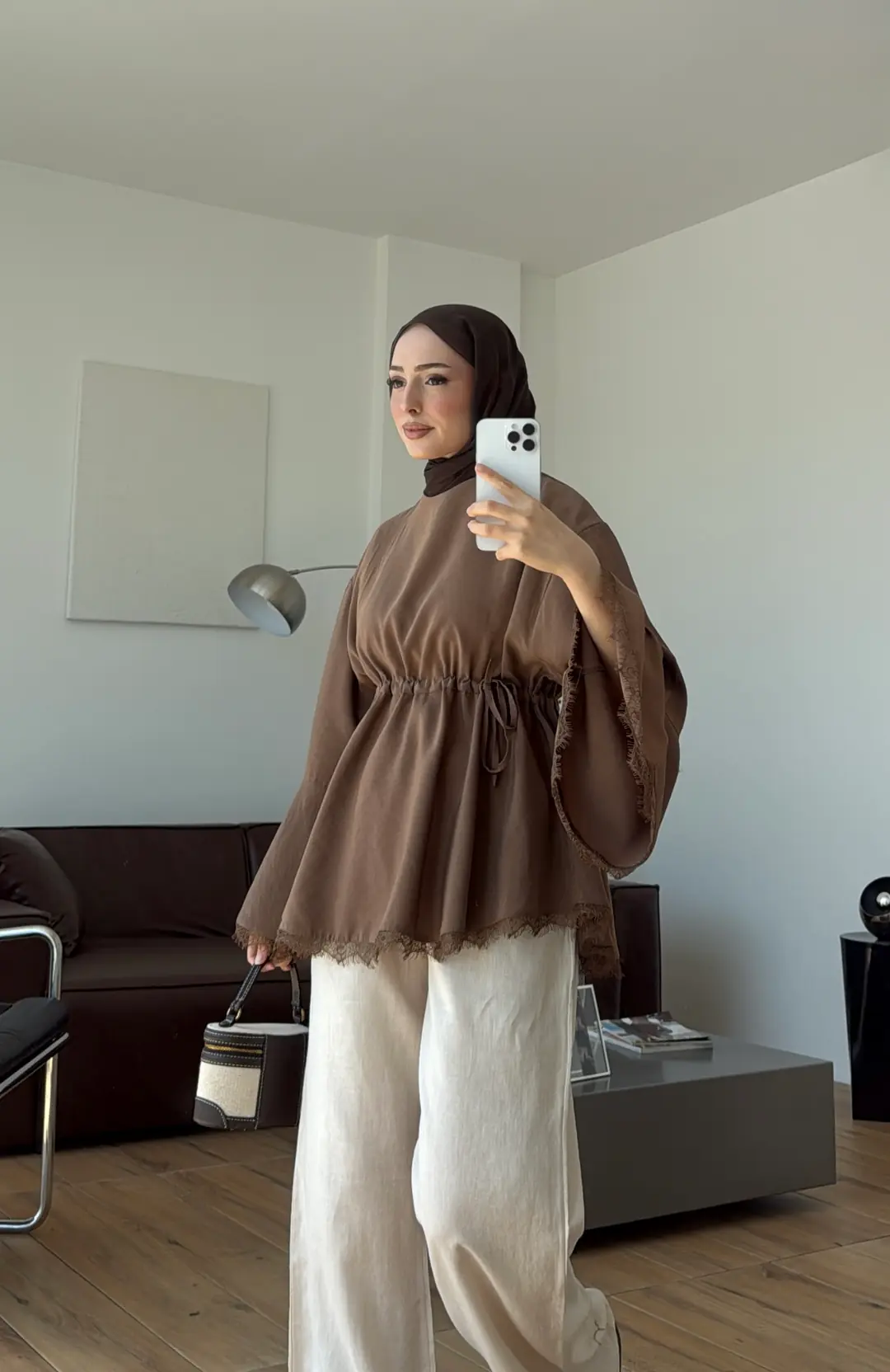 Lace Bel Detay Tunik Açık Kahve