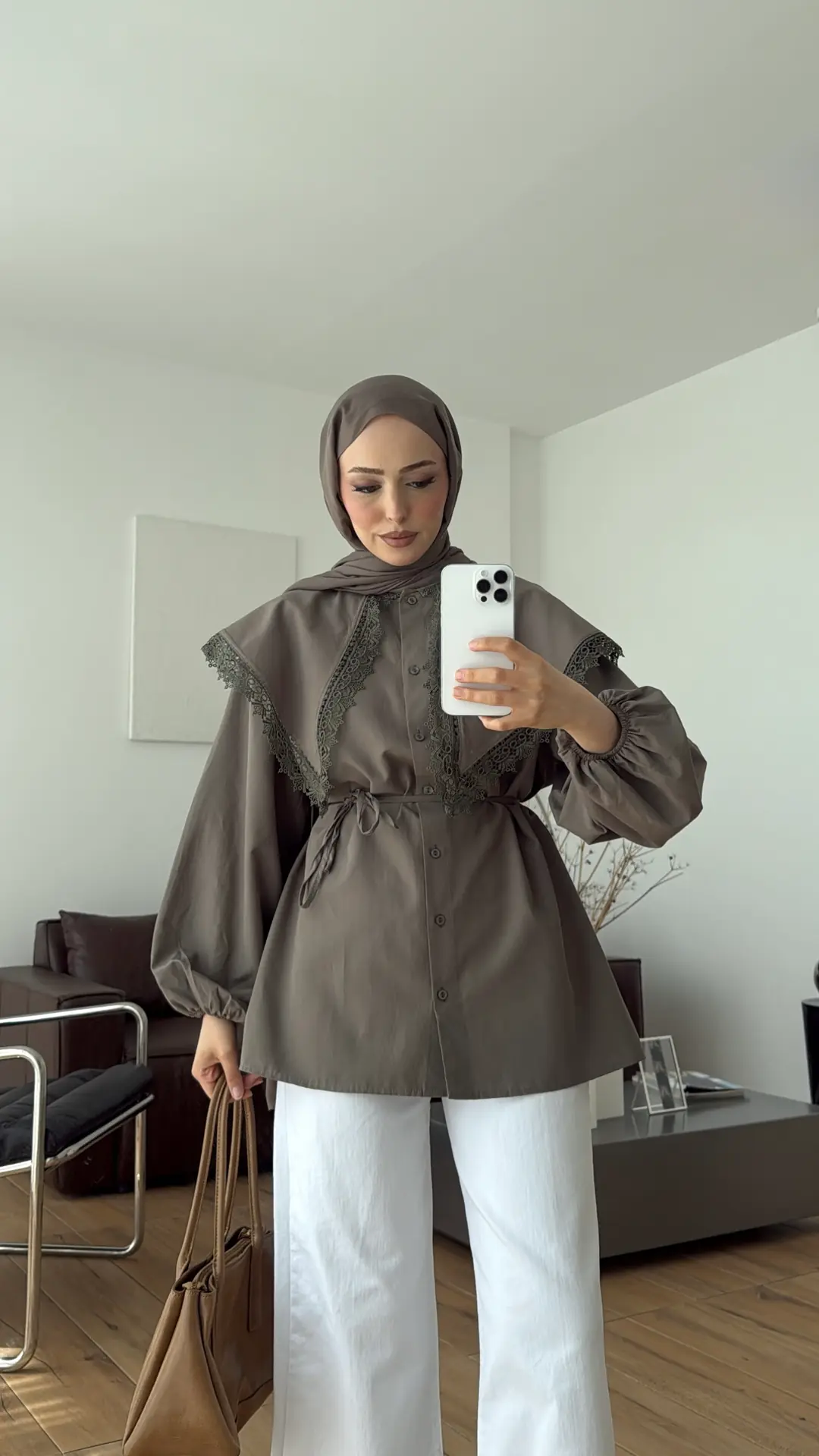 Mendil Yaka Dantel Detaylı Gömlek Haki