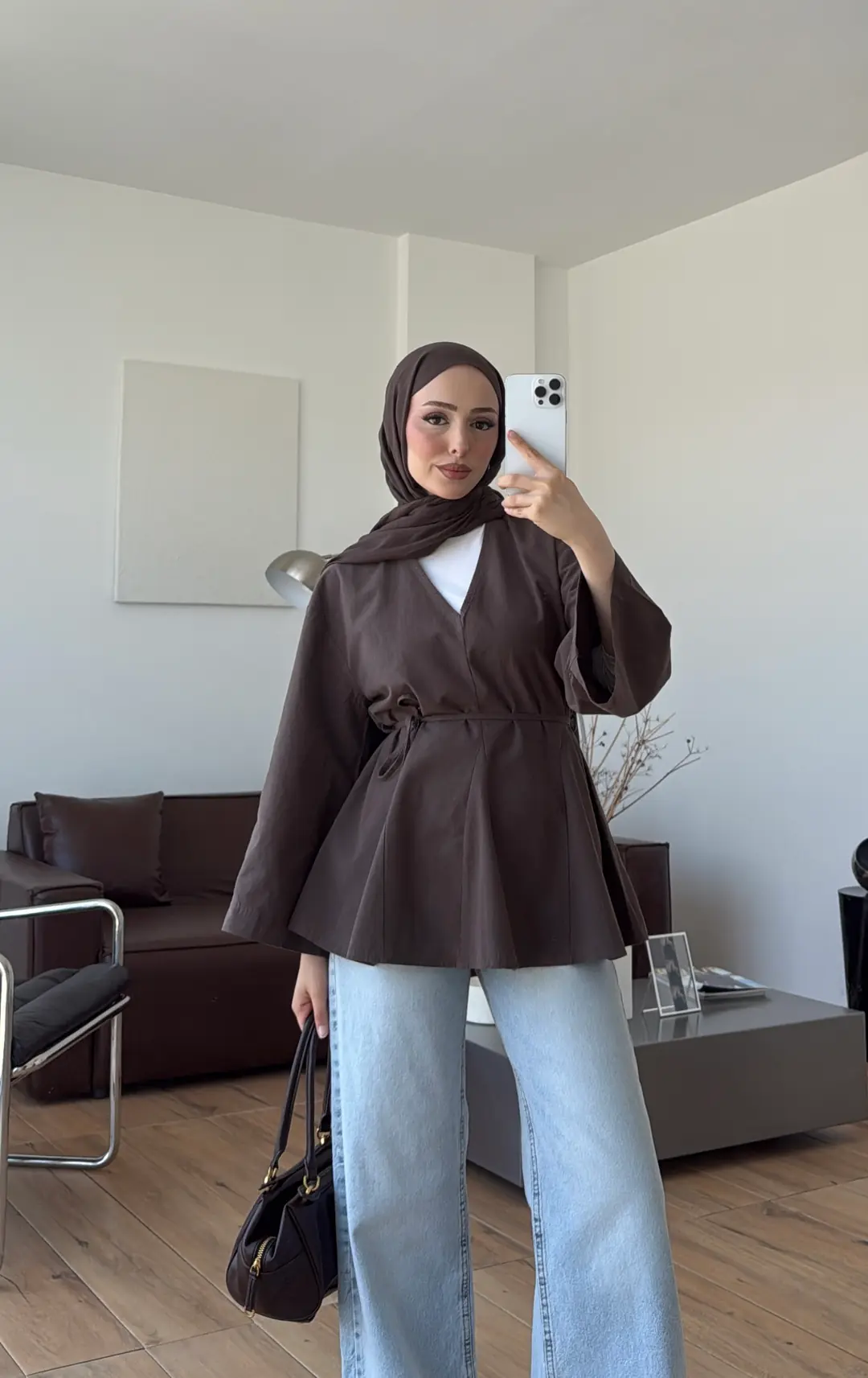 Volanlı Belden İpli Tunik Kahve