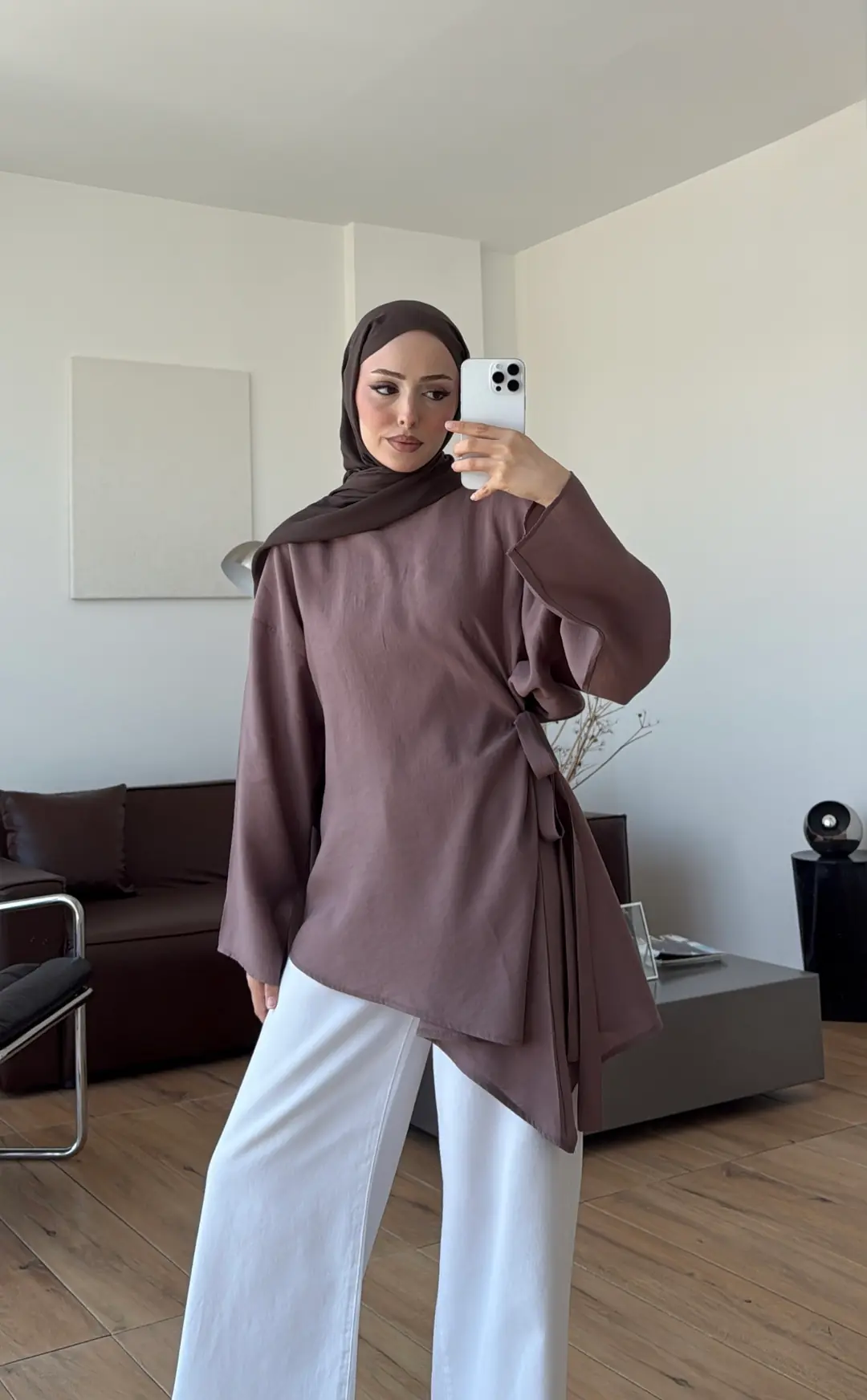 Yandan Bağlamalı Asimetri Bluz Vizon