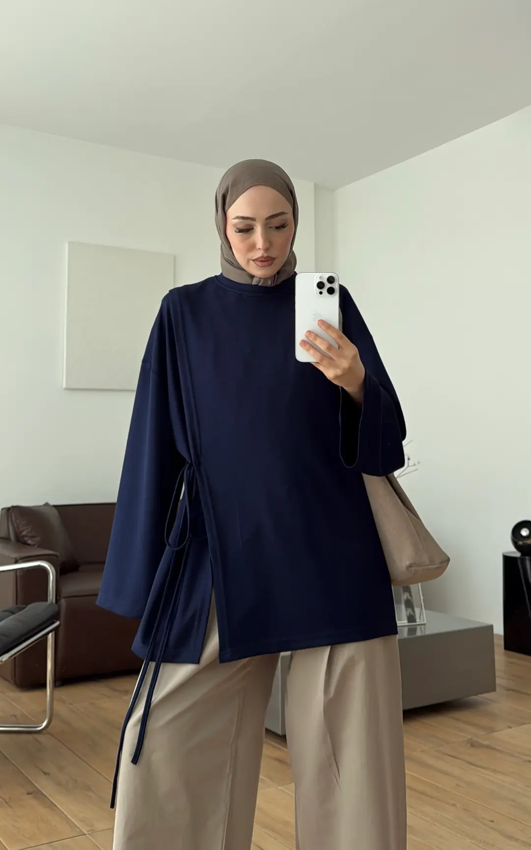 Yan Biye Bağlamalı Tunik Lacivert