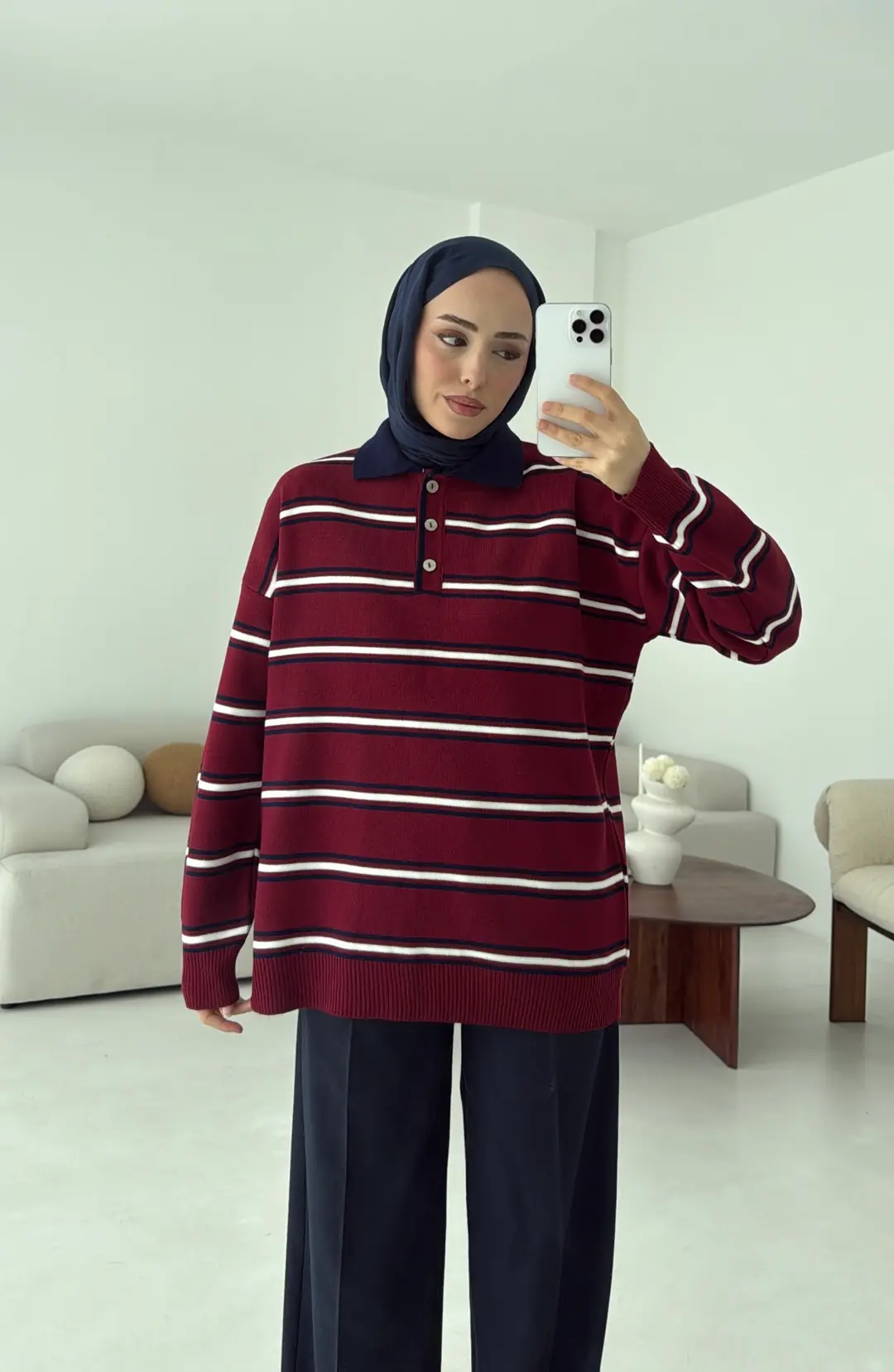 Bordo Çizgili Polo Yaka Triko Kazak