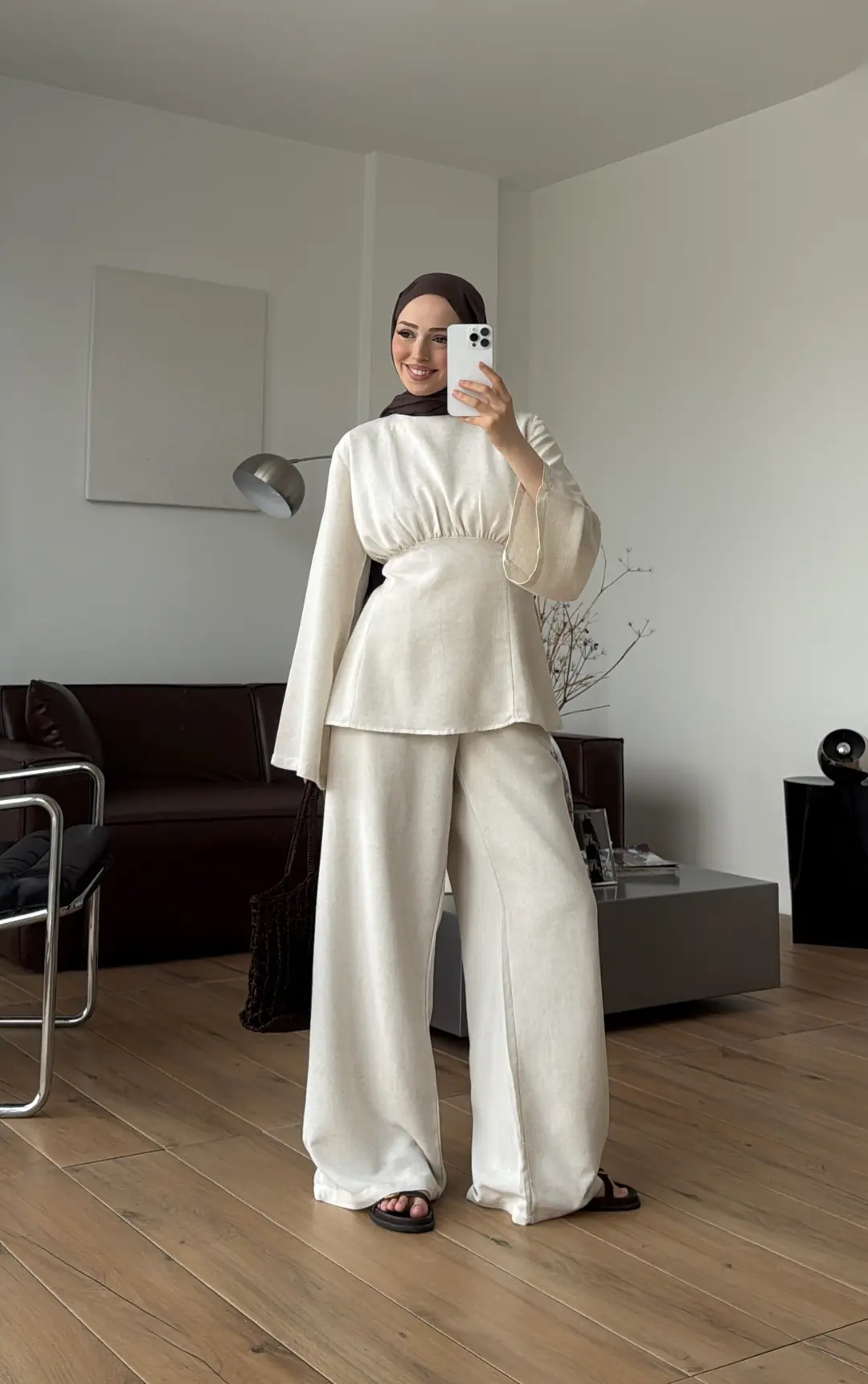 Bluzlu Pera Keten Takım Bej