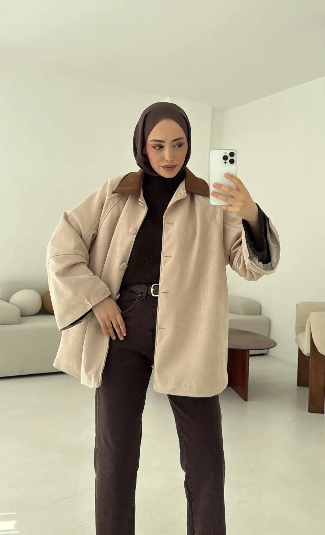Nubuk Kontrast Yaka Ceket Bej