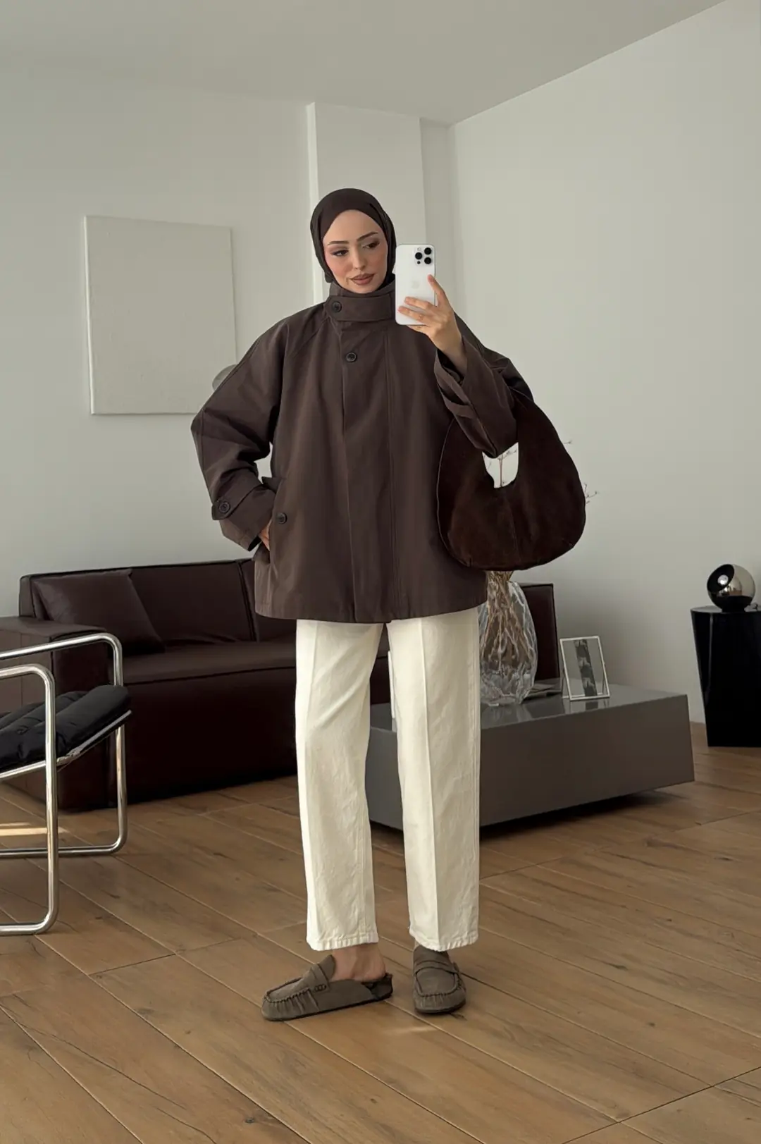 Minimal Yakalı Trençkot Kahve