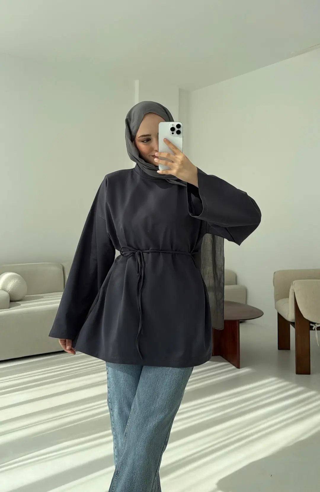 İki iplik Baglamalı Bluz Koyu  Gri