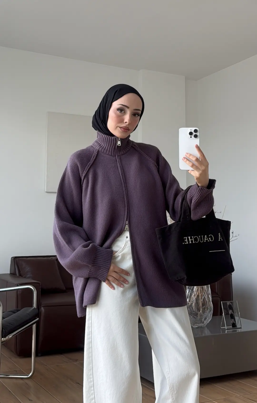 Çift Fermuarlı Triko Hırka Lila