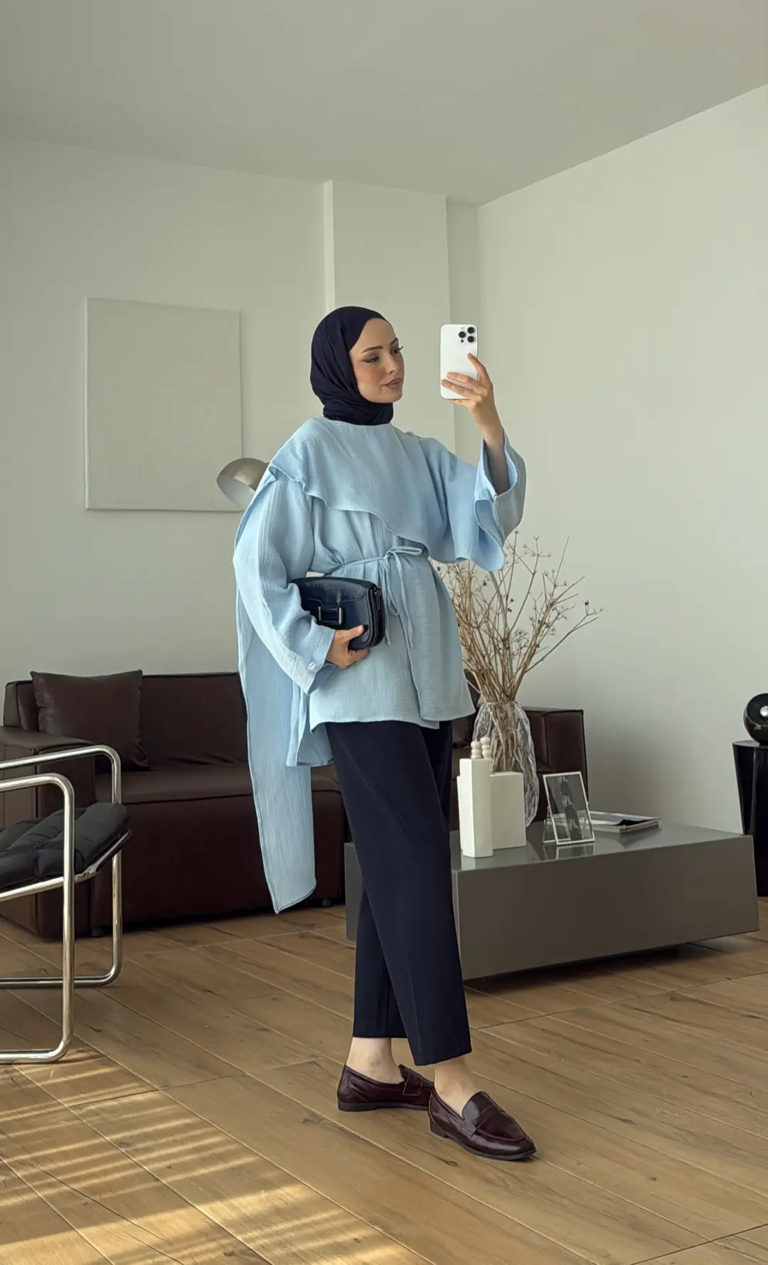 Şal Detaylı Müslin Bluz Mavi